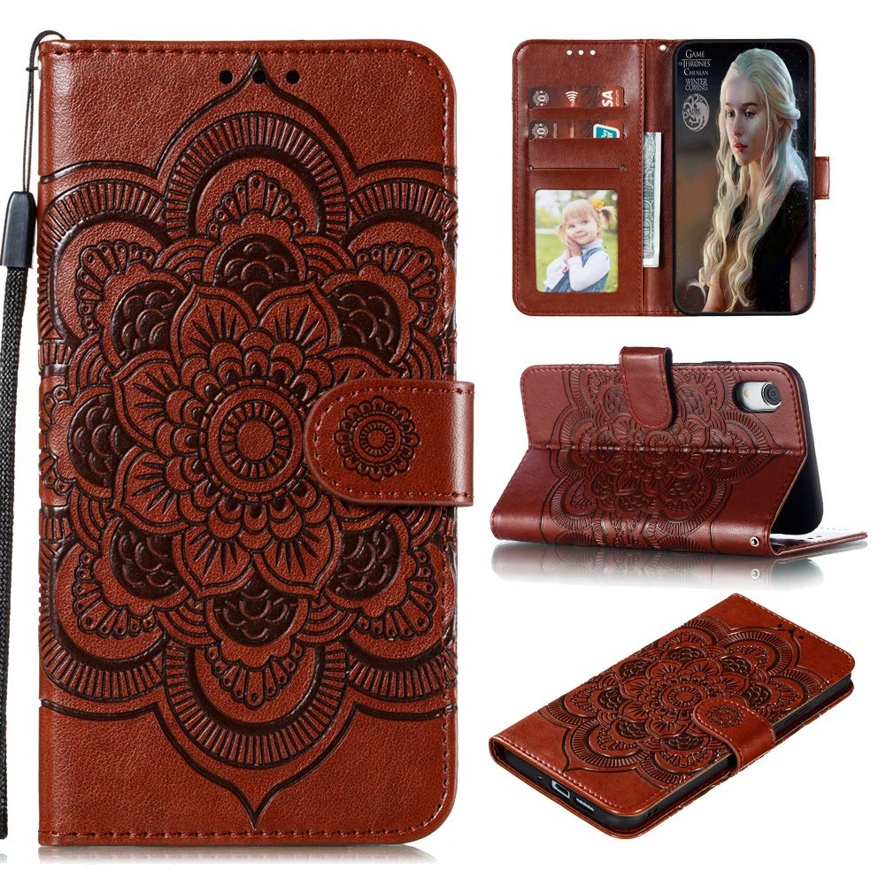 **Magnetic PU Leather Wallet Case for iPhone XR – Embossed Mandala Design, Scratchproof Flip Cover with Stand | Perfect for Work, Travel & Daily Protection**