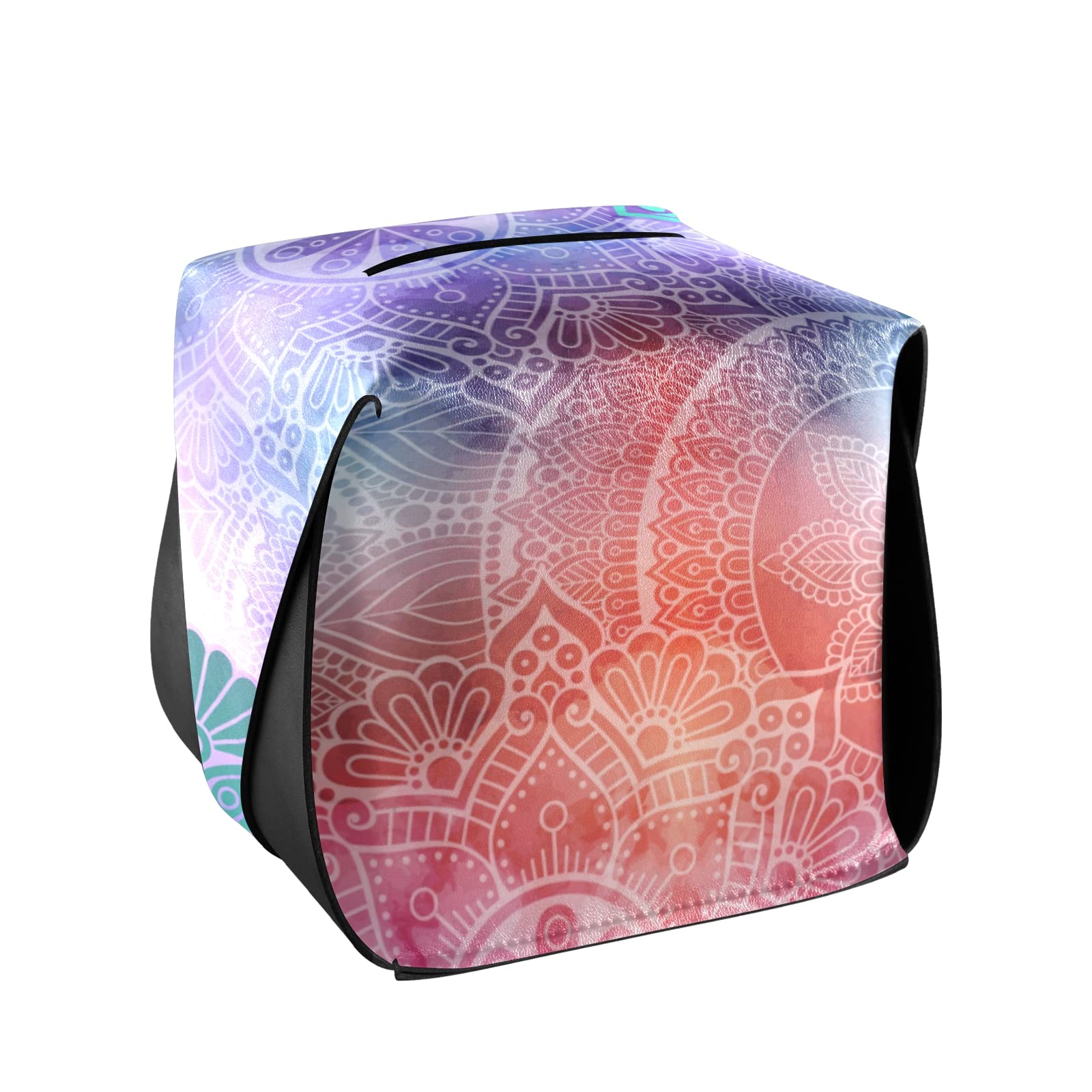 Ethnic Floral Leather Tissue Box Cover - Islamic, Arabic, Indian & Ottoman Style Square Design with Handle for Bathroom, Home, Office & Car (9.4x5.1x3.6 in) - Perfect for Nightstands, Vanity Countertops & Desk Decor