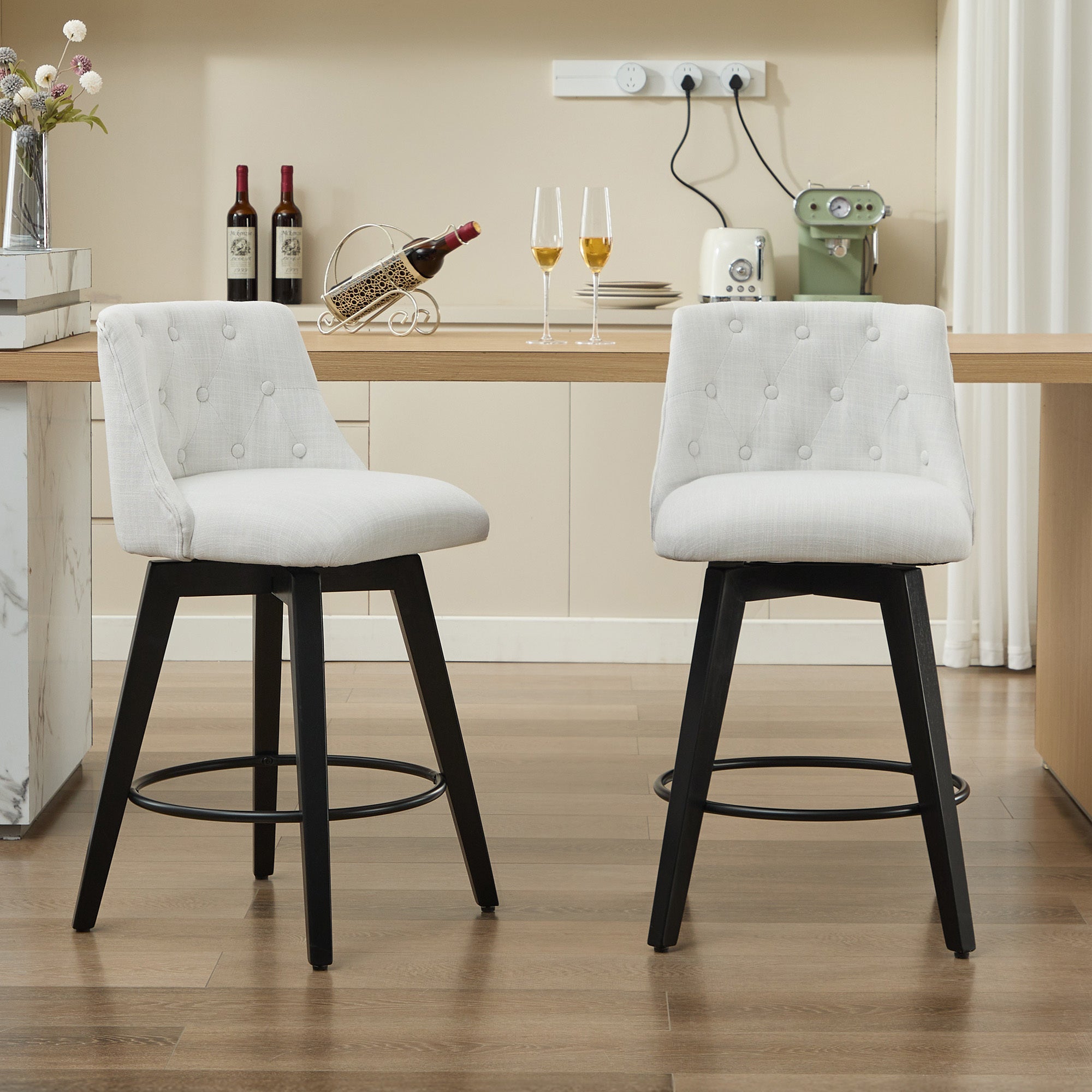 Modern 25' Swivel Bar Stools Set of 2 - Counter Height Stools with Linen Upholstery & Button Tufted Back, Solid Wood Frame for Kitchen Island, Home Bar or Breakfast Nook - Perfect for Entertaining Guests or Casual Dining