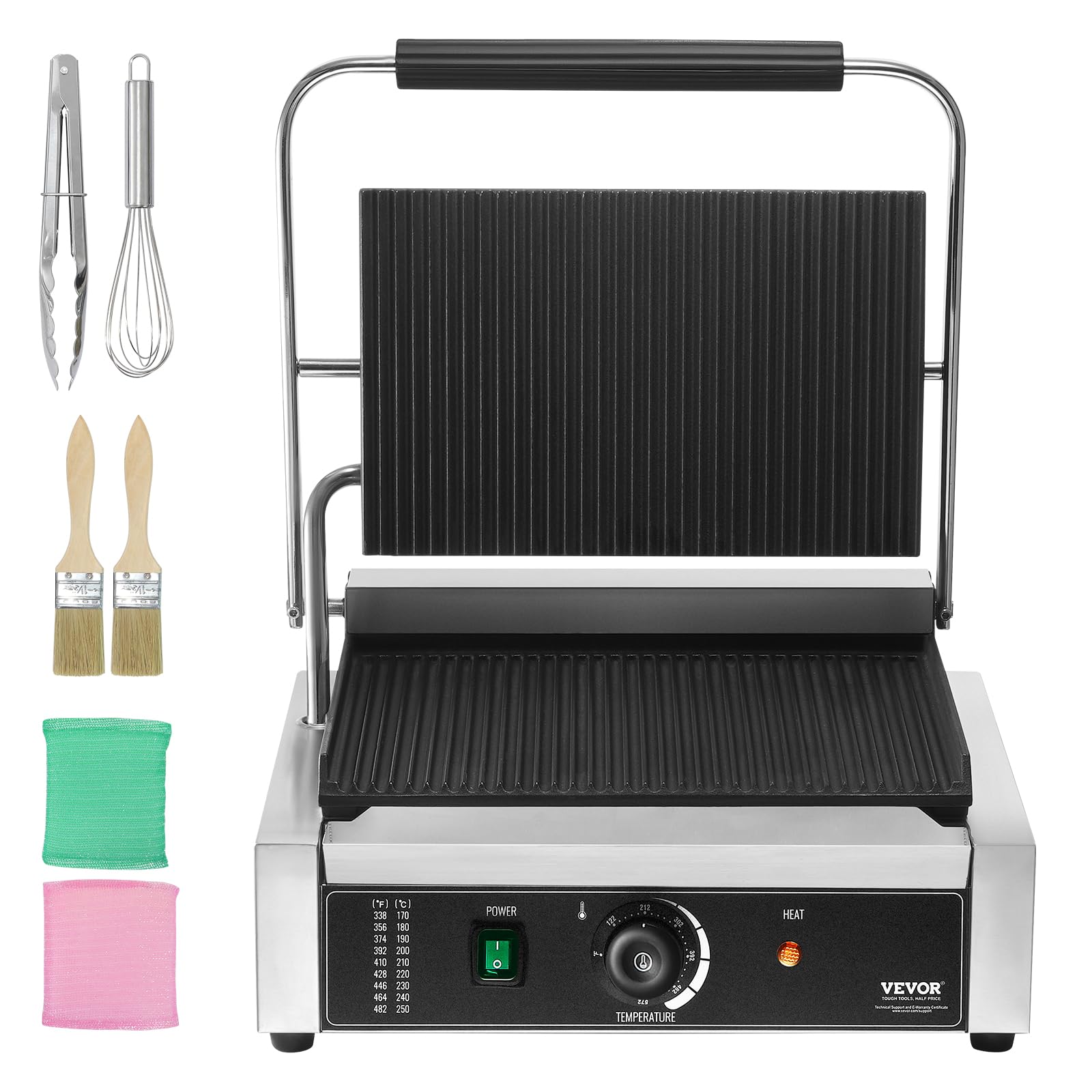 VEVOR 1800W Electric Panini Press Grill with Temperature Control, 14