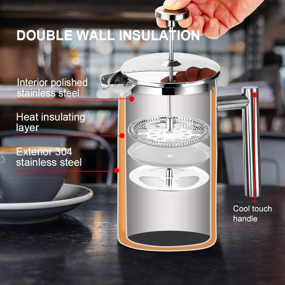 Secura 34oz (1 Liter) Stainless Steel French Press Coffee Maker - 304 Grade Insulated Coffee Press with 2 Extra Filters, Silver - Perfect for Home, Office & Camping Brewing