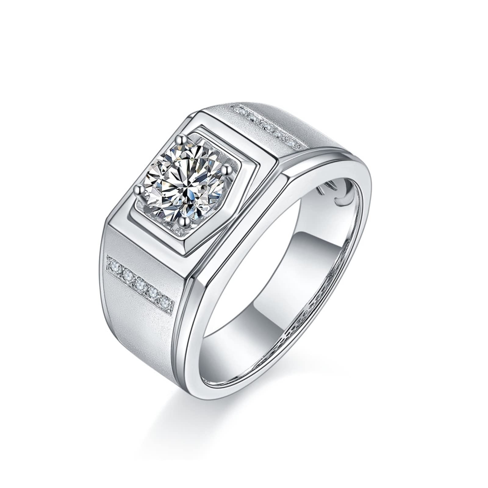Men's Promise Rings Sterling Silver - Hexagon Wide Band with Zirconia - White Gold Plated Wedding Ring for Him - Perfect for Engagements, Anniversaries & Gifts