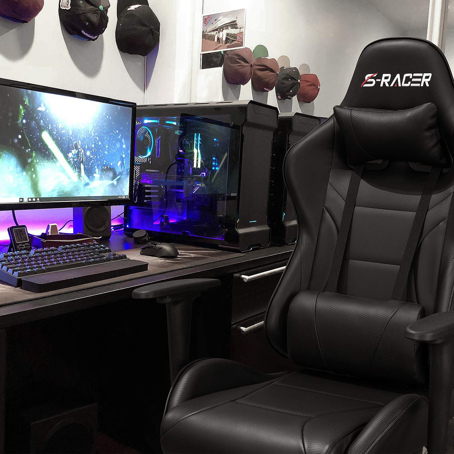 Homall Ergonomic Gaming Chair - High Back PU Leather Office Computer Desk Chair with Adjustable Headrest & Lumbar Support, Swivel Racing Style for PC Gamers & Home Office (Black) - Perfect for Esports, Streaming & Long Work Sessions