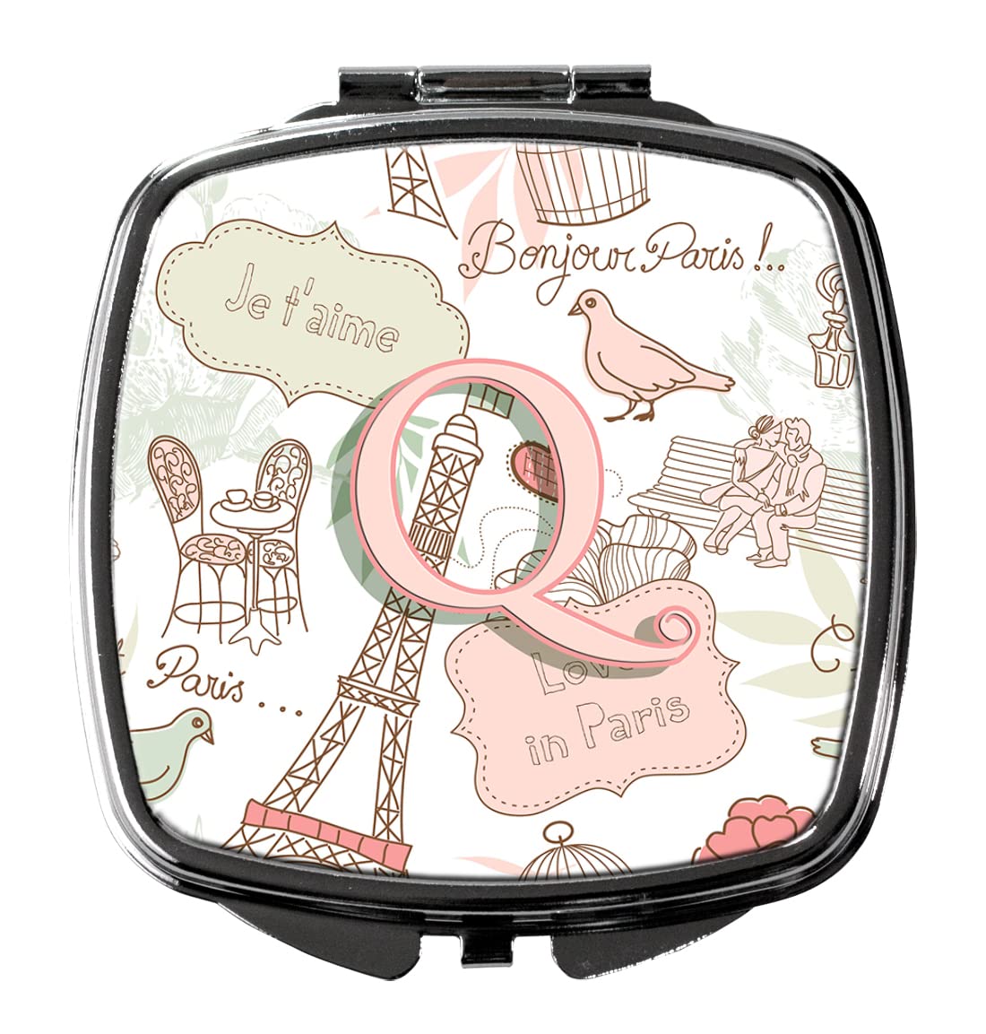Caroline's Treasures CJ2002-QSCM Paris-Themed Letter Q Pink Compact Mirror - Travel Makeup Mirror for Women & Girls, Handheld Folding Pocket Mirror - Perfect Gift for Birthdays, Valentine's Day & Travel Accessories