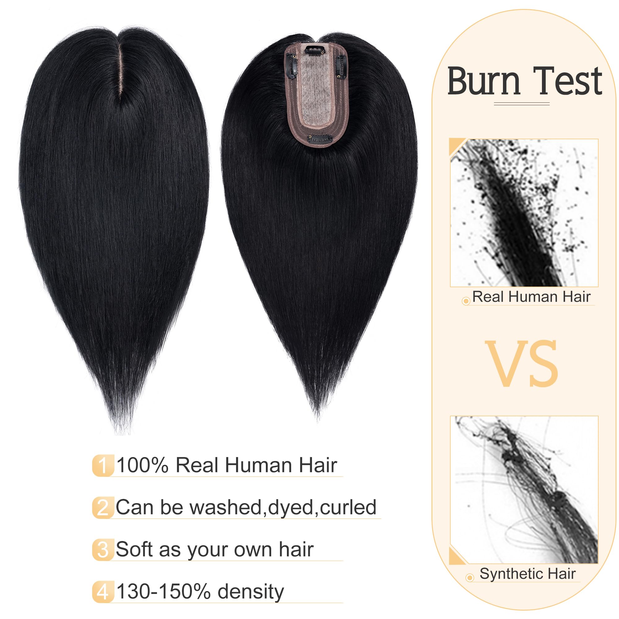 SEGO 100% Real Human Hair Toppers for Women with Thinning Hair - 7x13cm Silk Base Clip-in Top Wiglet - 18 Inch No Bangs Jet Black - Perfect for Daily Wear, Parties & Special Occasions