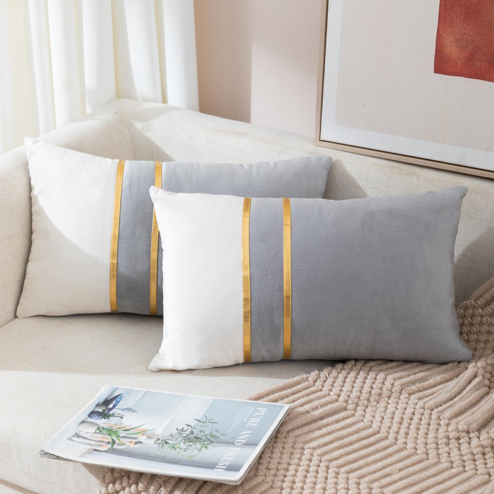 ZLINA Set of 2 Velvet Decorative Lumbar Pillow Covers - Grey & White Patchwork with Gold Leather Trim (12×20 Inch) for Sofa, Bed, Living Room & Car Decor - Luxury Home Accent Pillows