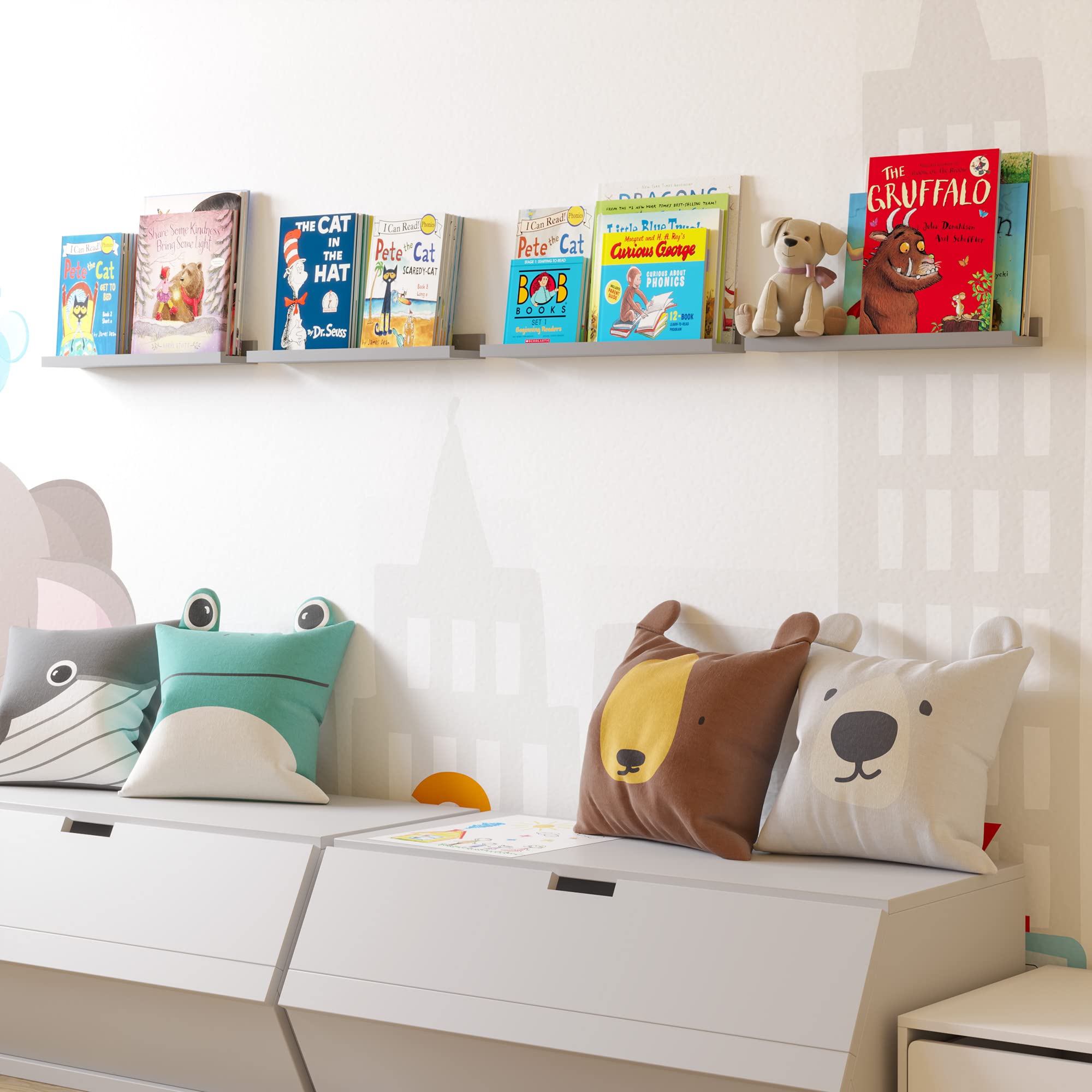 Wallniture Denver Floating Bookshelves Set of 4 - Modern Wall Mounted Shelves for Kids Room, Nursery Decor & Photo Display - Gray Wooden Picture Ledge - Perfect for Books, Toys, Picture Frames and Home Organization
