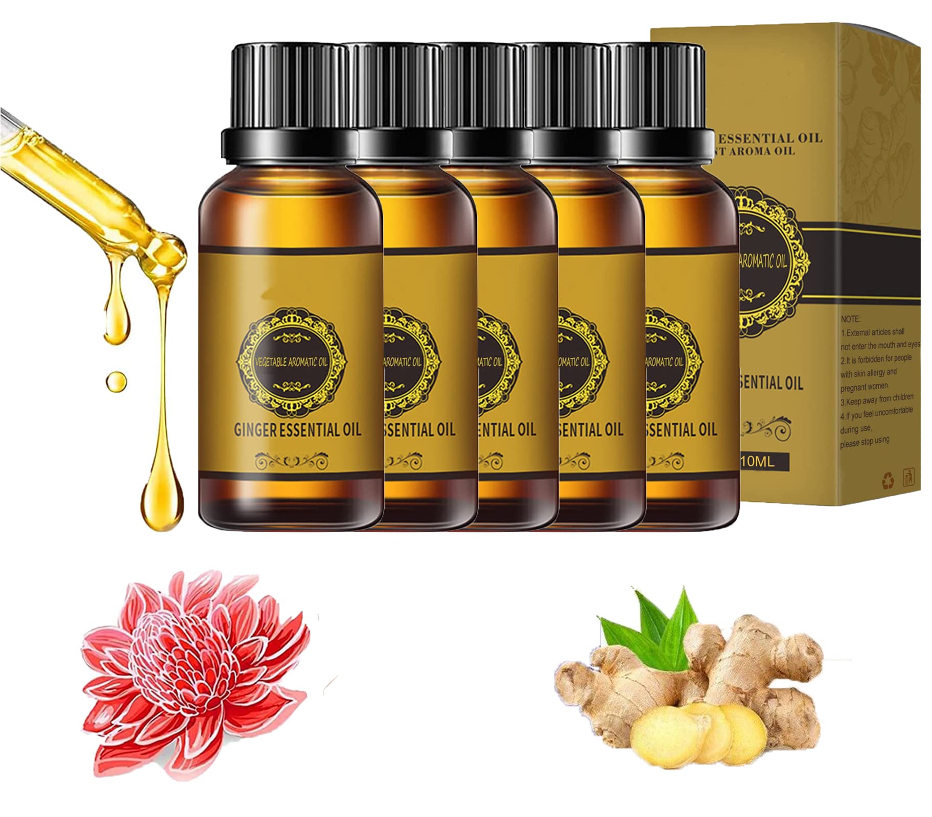 Pure Ginger Essential Oil for Weight Loss & Belly Fat Reduction - Herbal Slimming Massage Oil with Natural Ginger Extract (5-Pack) | Perfect for Aromatherapy, Body Massage & Home Spa Relaxation