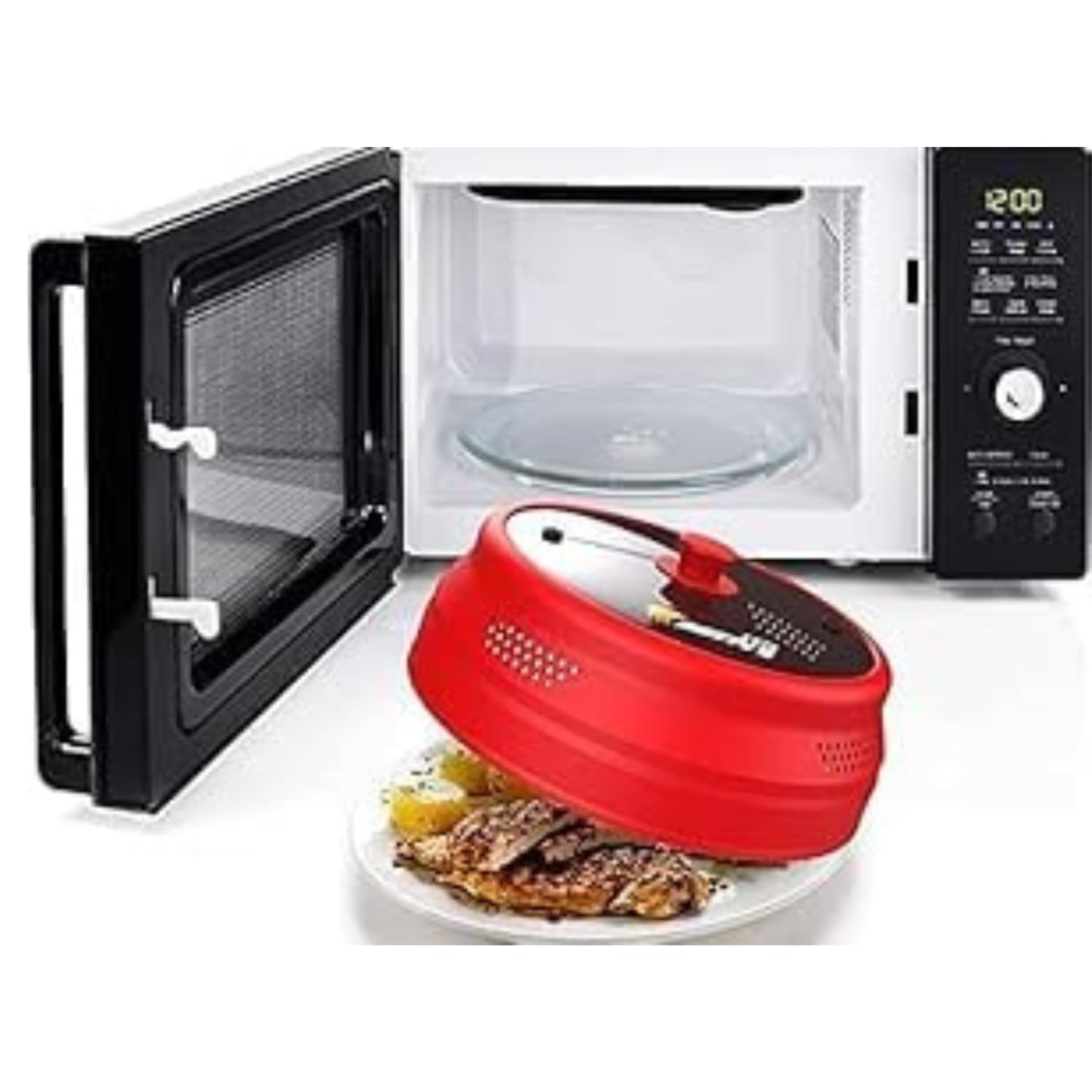 Collapsible Microwave Cover for Food - Silicone & Glass Splatter Guard Lid for 6-12 Inch Plates & Bowls | Dishwasher Safe, Heat Resistant, BPA-Free (Red) | Perfect for Reheating Meals, Preventing Mess & Keeping Food Fresh