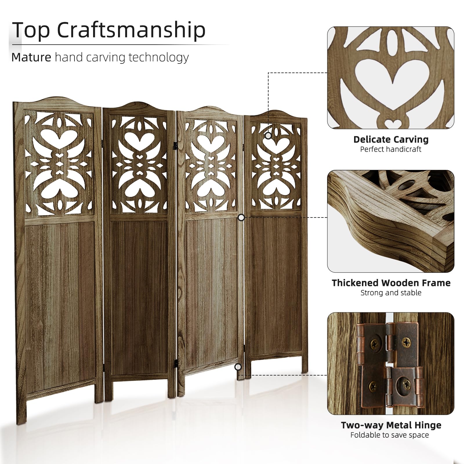 4 Panel Wood Room Divider - 5.6Ft Folding Privacy Screen with Carved Design | Freestanding Partition for Bedroom, Home Office & Living Room | Portable Space Divider in Brown Finish | Perfect for Room Separation, Privacy & Home Decor