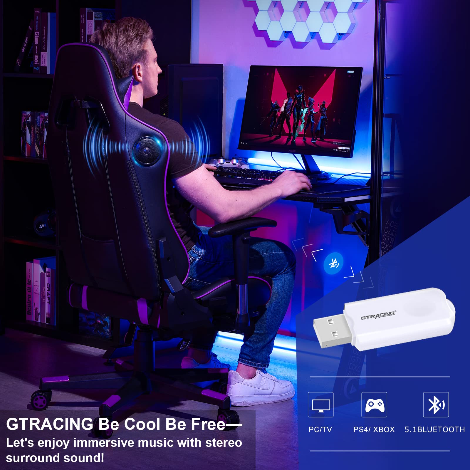 GTRACING GT890M Ergonomic Gaming Chair with Bluetooth Speakers - Heavy Duty Office Computer Desk Chair for Video Games & Music - Purple - Perfect for Gaming, Streaming & Home Office Use