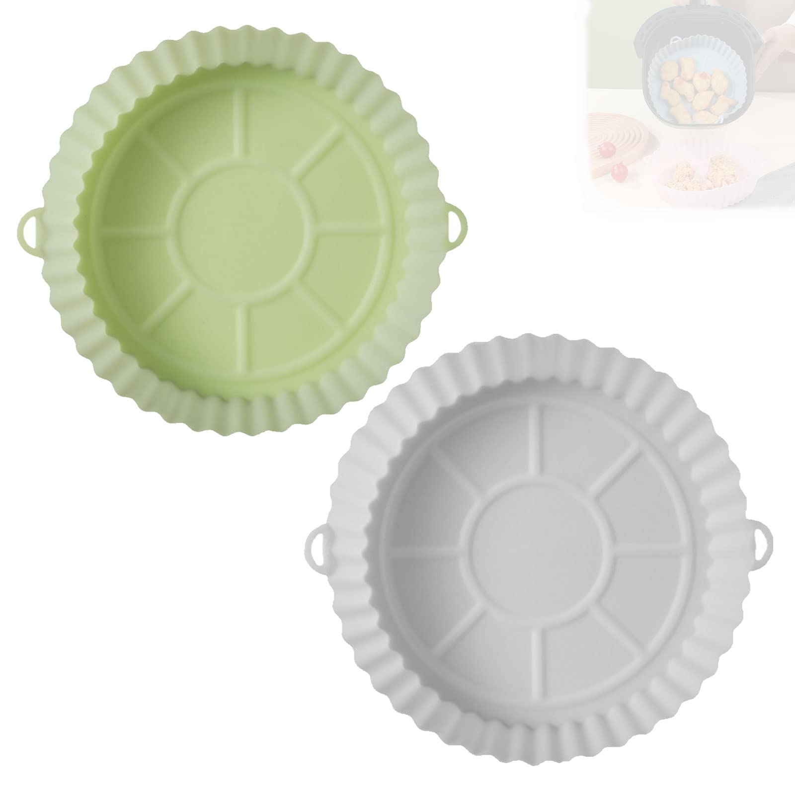 Non-Stick Air Fryer Silicone Liners Set - Reusable Round Baking Mats for Easy Cleaning, Green & White - Perfect for Air Fryer, Oven, Microwave & Toaster Oven Cooking