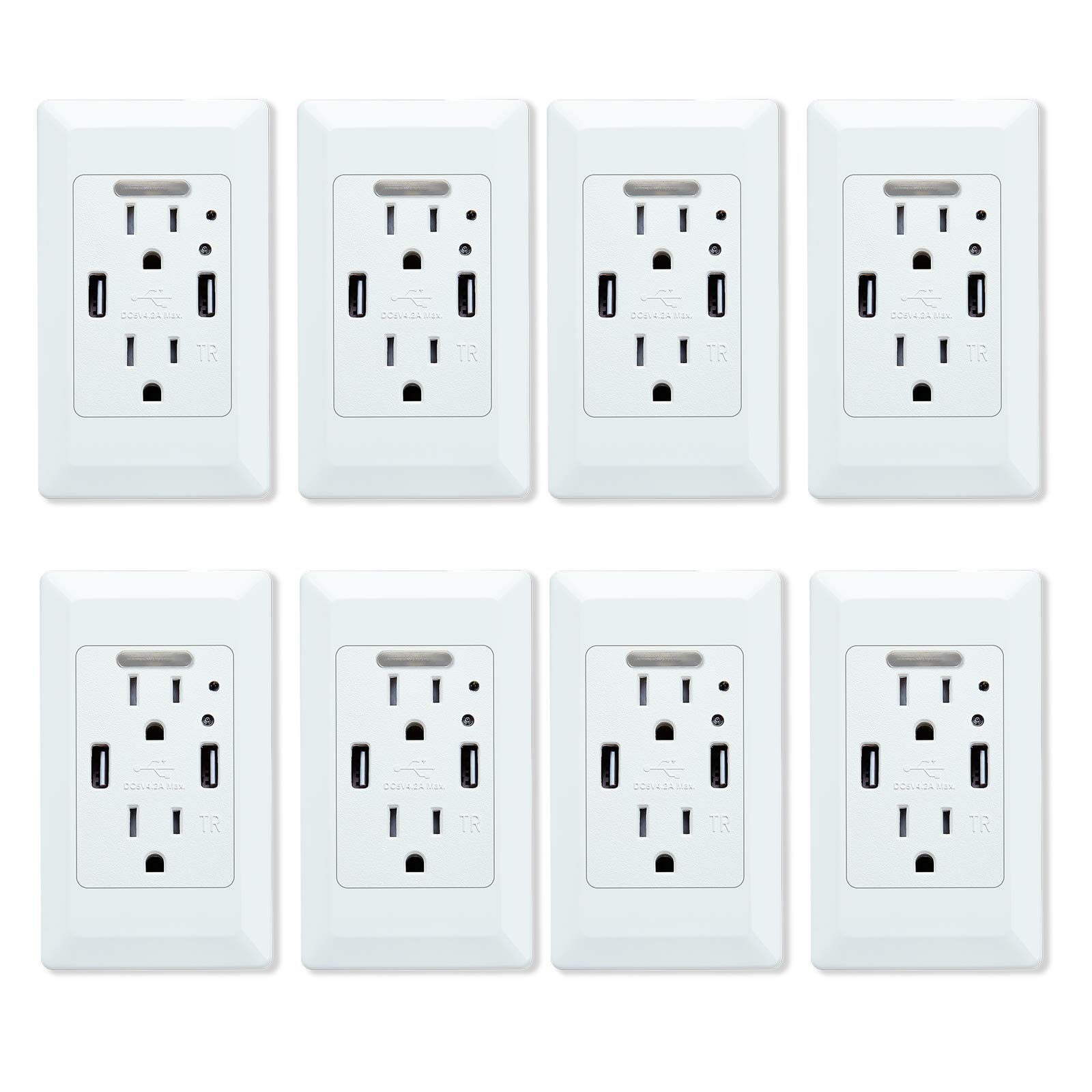 4.2A Dual USB Charger Wall Outlet with Auto LED Nightlight - 2 USB Ports & 2 Tamper-Resistant AC Outlets (15A) - White Wall Plate Included - 8 Pack - Perfect for Bedrooms, Kitchens & Home Offices