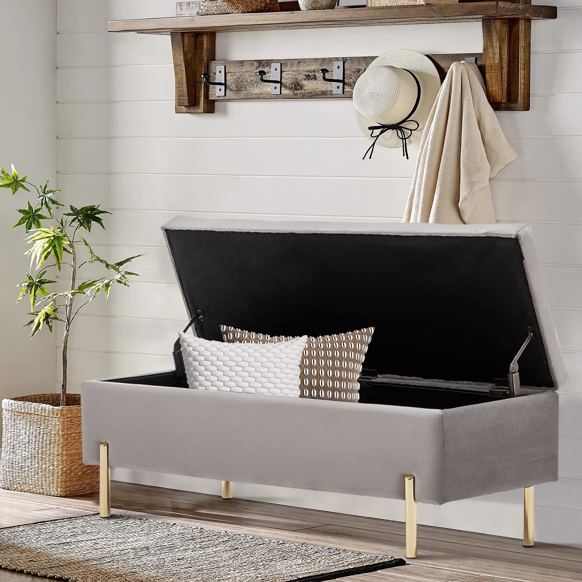 Velvet Upholstered Tufted Storage Bench with Gold Legs - Gray Rectangular Ottoman for Bedroom, Living Room & Entryway - Perfect for Extra Seating, Shoe Storage & Home Decor