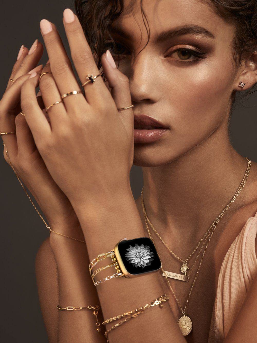 MORWLAT 14K Gold Plated Apple Watch Band for Women - Compatible with Apple Watch Series 9/8/7/SE/6/5/4/3/2/1 (38mm 40mm 41mm) - Elegant Slim Metal Chain Bracelet Replacement Strap - Perfect for Work, Parties & Everyday Fashion Accessory