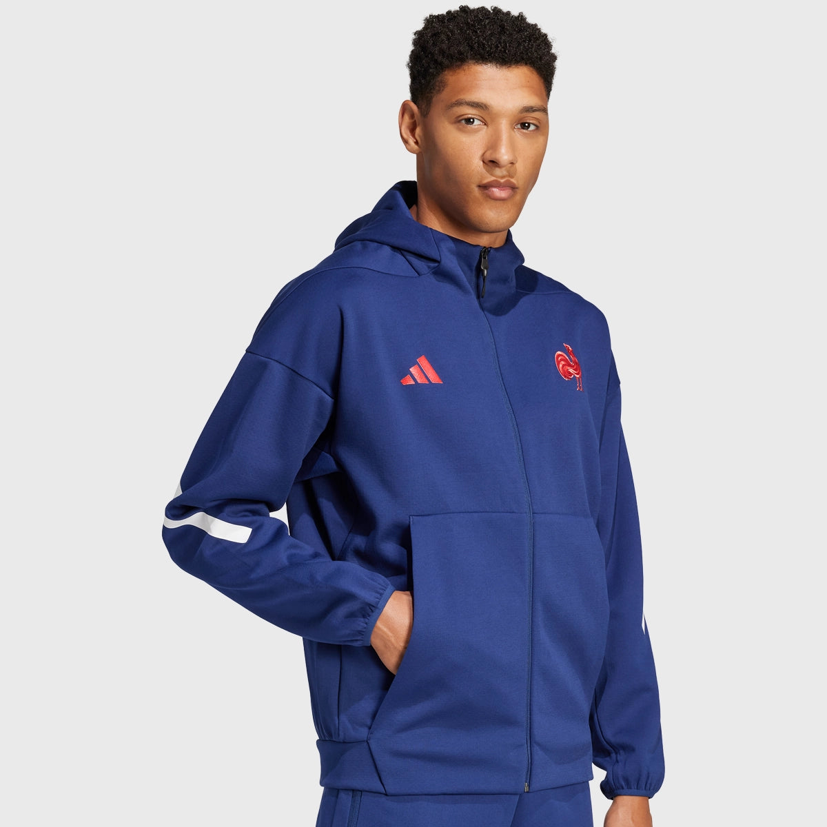 Adidas France Rugby Travel Full Zip Hoodie - Dark Blue Men's Pullover for Sports & Casual Wear - Perfect for Training, Travel & Outdoor Activities