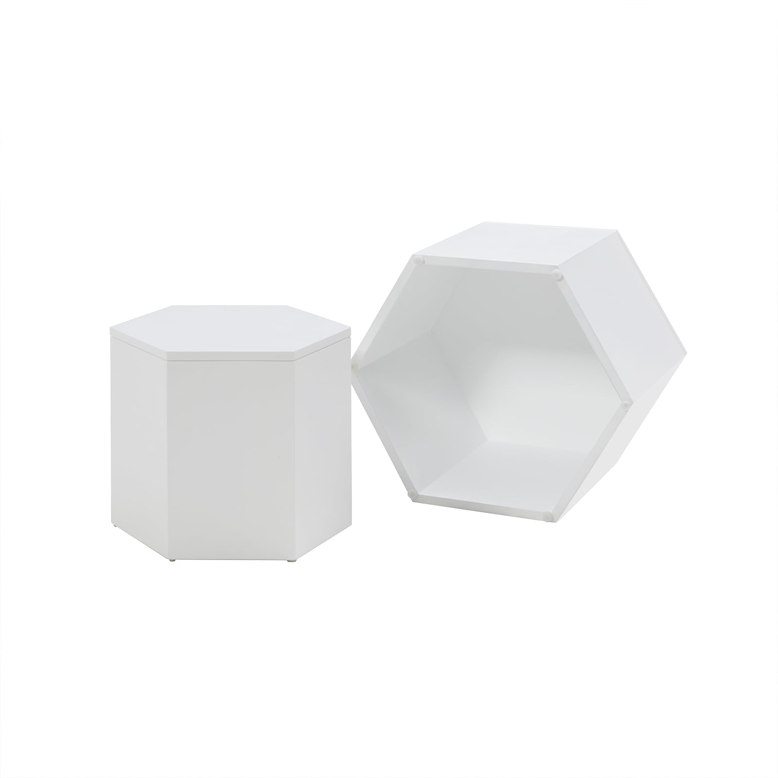 Hexagonal Nesting Coffee Table Set of 2 - White Wooden Side Tables for Small Spaces, Modern Living Room Furniture - Perfect for Apartments, Dorms & Cozy Home Decor