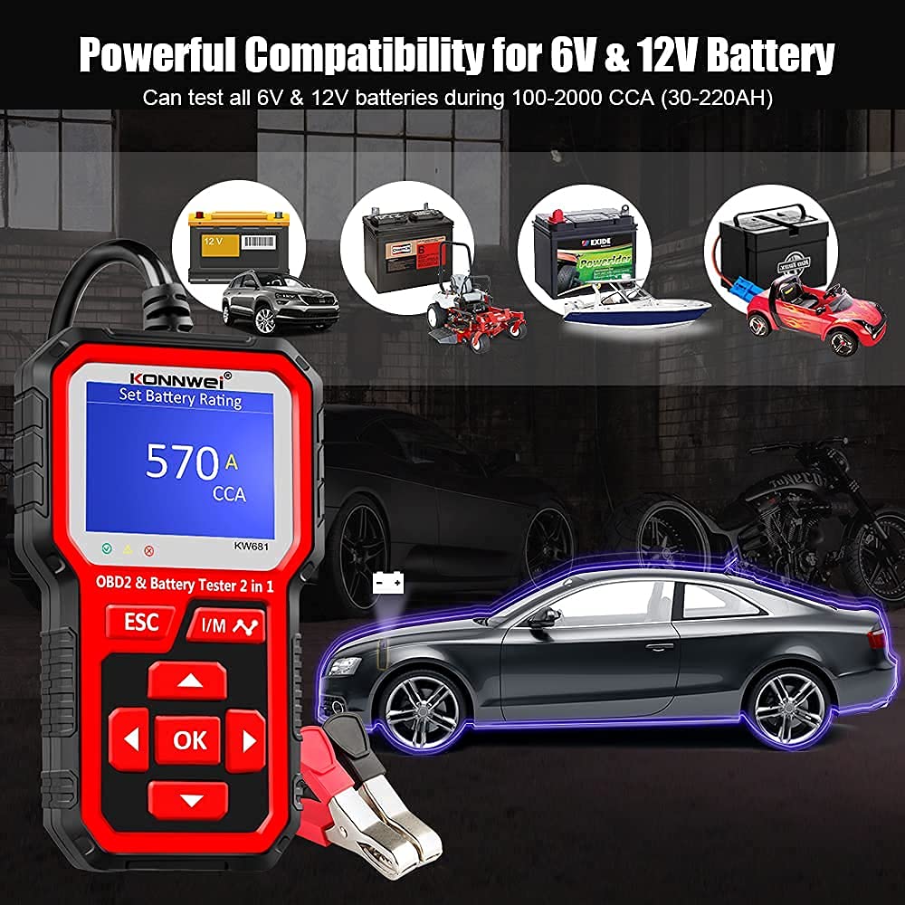KW681 OBD2 Scanner & KW206 OBD2 Gauge - 6V/12V Battery Tester, Car Diagnostic Tool for Engine Fault Codes, Live Data & Performance Monitoring - Perfect for Mechanics, DIY Enthusiasts & Vehicle Maintenance