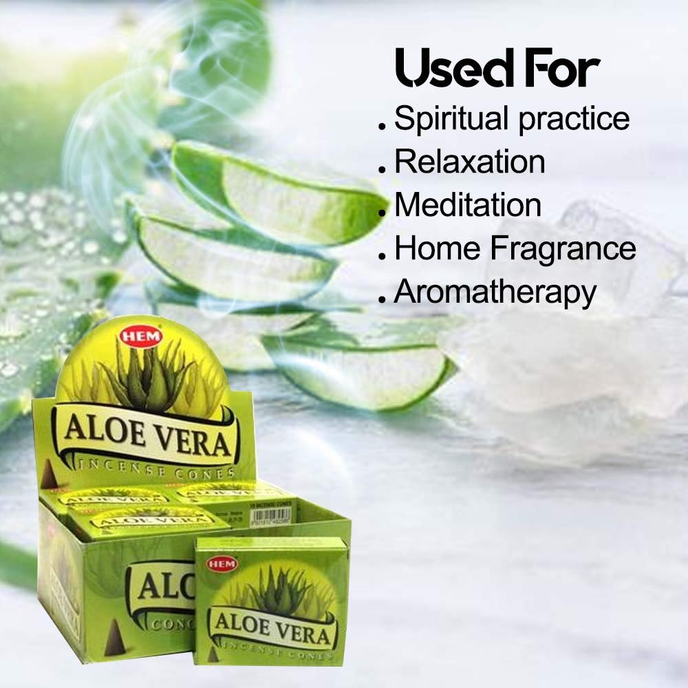 Premium HEM Incense Aloe Vera Sticks - Pack of 12 Boxes (10 Cones Each) | Authentic Indian Incense for Meditation, Yoga & Aromatherapy | Creates Relaxing Atmosphere at Home, Spa or Office