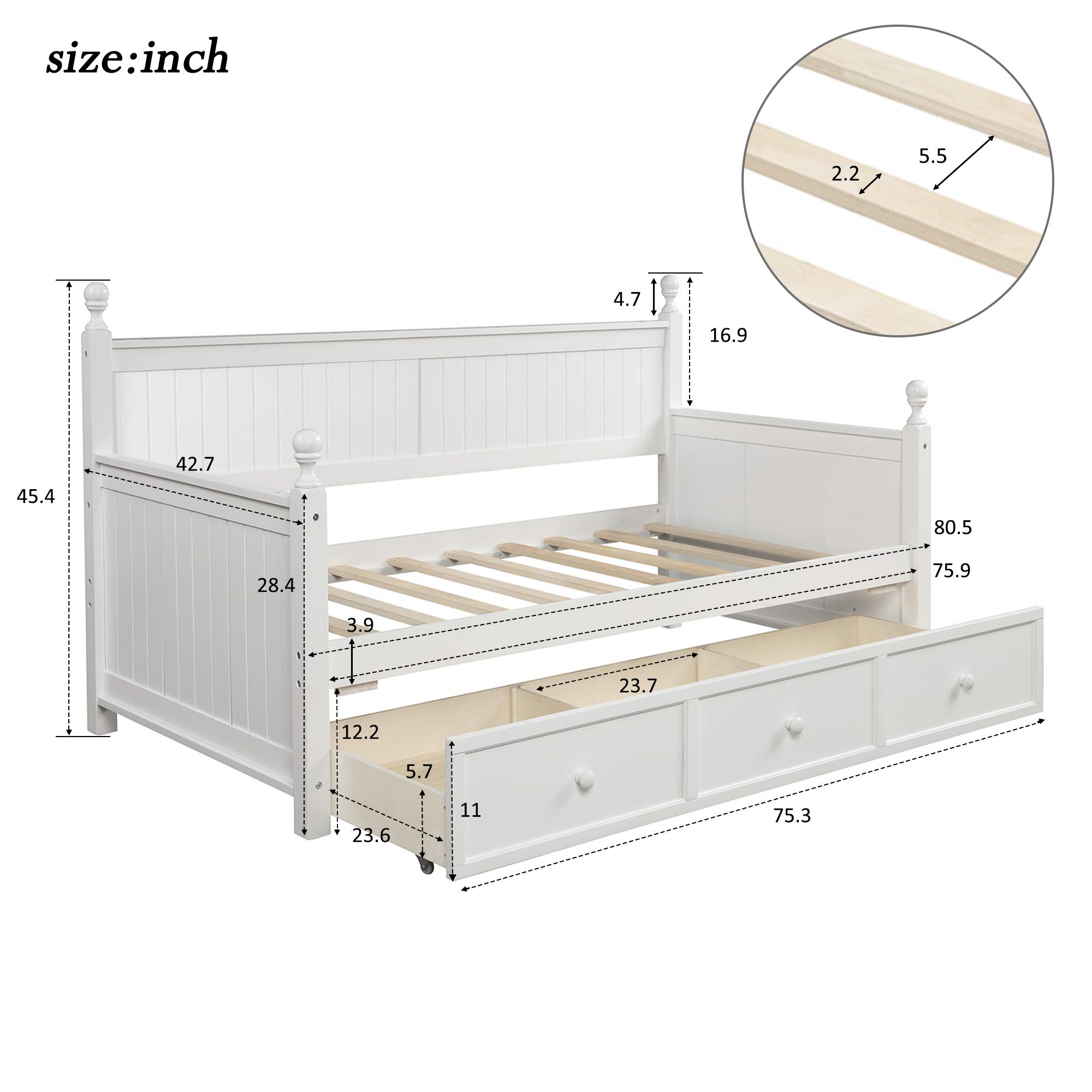 Harper & Bright Designs Twin Daybed with Storage Drawers - Wooden Twin Bed Frame with 3 Drawers, Convertible Sofa Bed for Small Spaces - No Box Spring Needed (White) | Perfect for Guest Room, Dorm, Kids Room & Studio Apartments