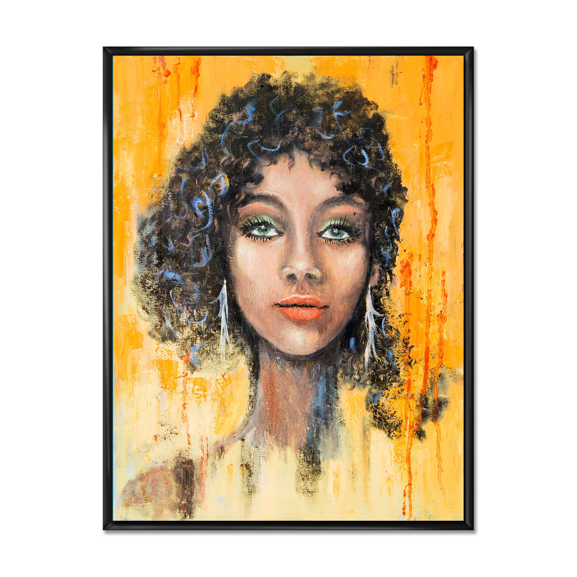 DesignQ Modern Framed Canvas Wall Art - Green Eyed Woman with Black Hair Portrait for Living Room, Bedroom & Office Decor