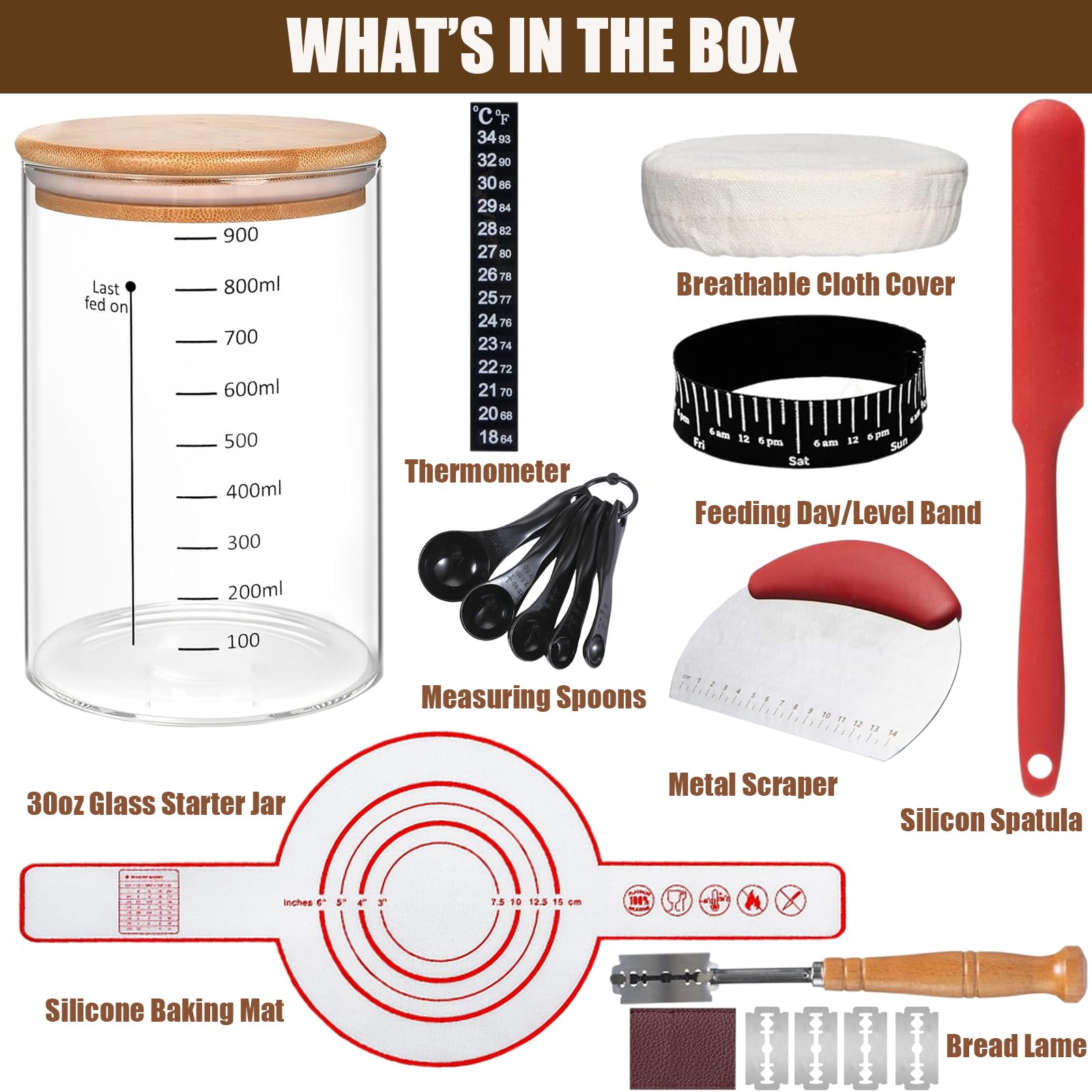 **Sourdough Starter Kit for Beginners - Glass Jar, Silicone Bread Sling, Bread Lame & Baking Supplies - Perfect for Homemade Sourdough Bread, Artisan Baking & Gifts**    *(Use: Ideal for home bakers, sourdough enthusiasts, and DIY bread-making gifts!)*