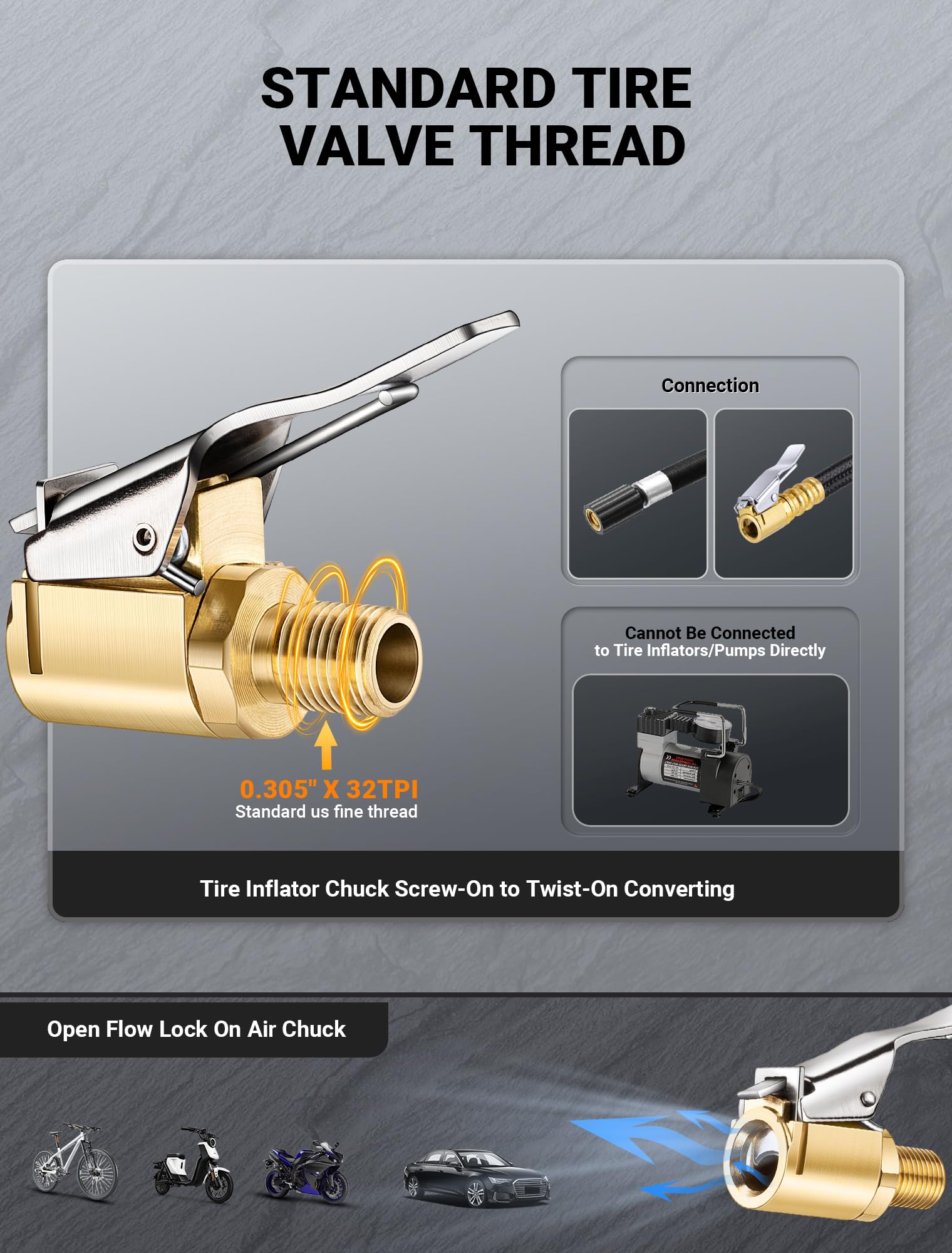 **Premium Brass Locking Tire Air Chuck - No Leak Twist to Lock Adapter for Air Compressors | Heavy-Duty Tire Inflator Hose Connector | Perfect for Trucks, Cars, Bikes & ATVs**    *(Use Case: Ideal for quick and secure tire inflation at home, gas stations, or off-road adventures with zero air leakage.)*