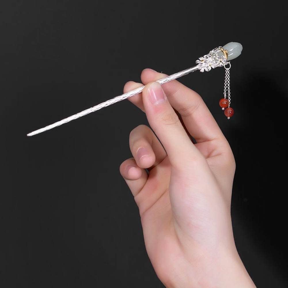 Vintage Silver Hair Sticks with Chinese Magnolia Tassel - Imitation Hetian Jade Hair Chopsticks for Buns & Updos - Elegant Hair Pins for Women with Thick Hair - Perfect for Weddings, Parties & Traditional Chinese Costume Accessories