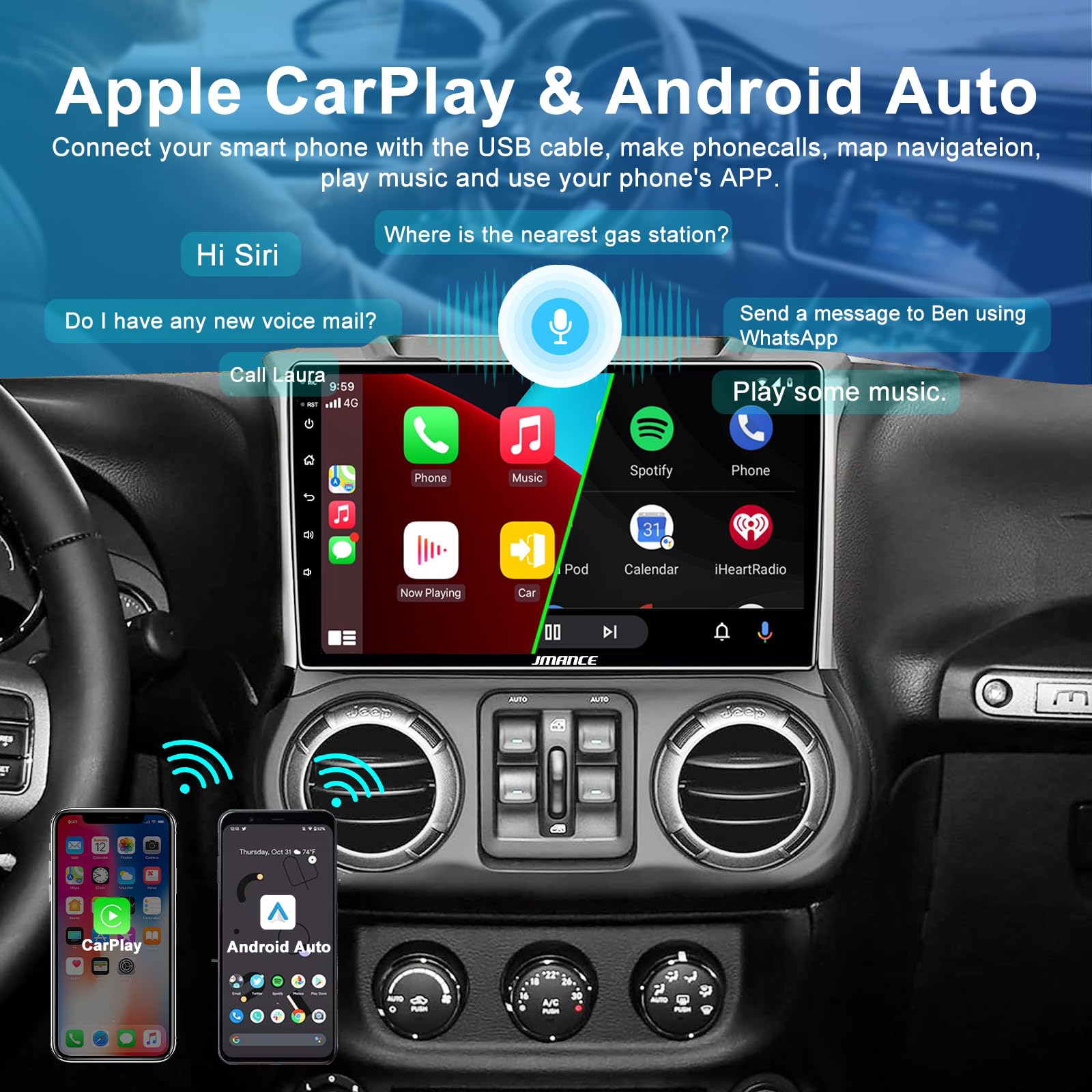 10.1 Inch Android Car Stereo for 2011-2014 Jeep Wrangler - 2+64GB, Touch Screen GPS Navigation with Built-in DSP, Bluetooth, WiFi, Wireless CarPlay & Android Auto, Steering Wheel Control - Perfect for Off-Road Adventures & Daily Commutes
