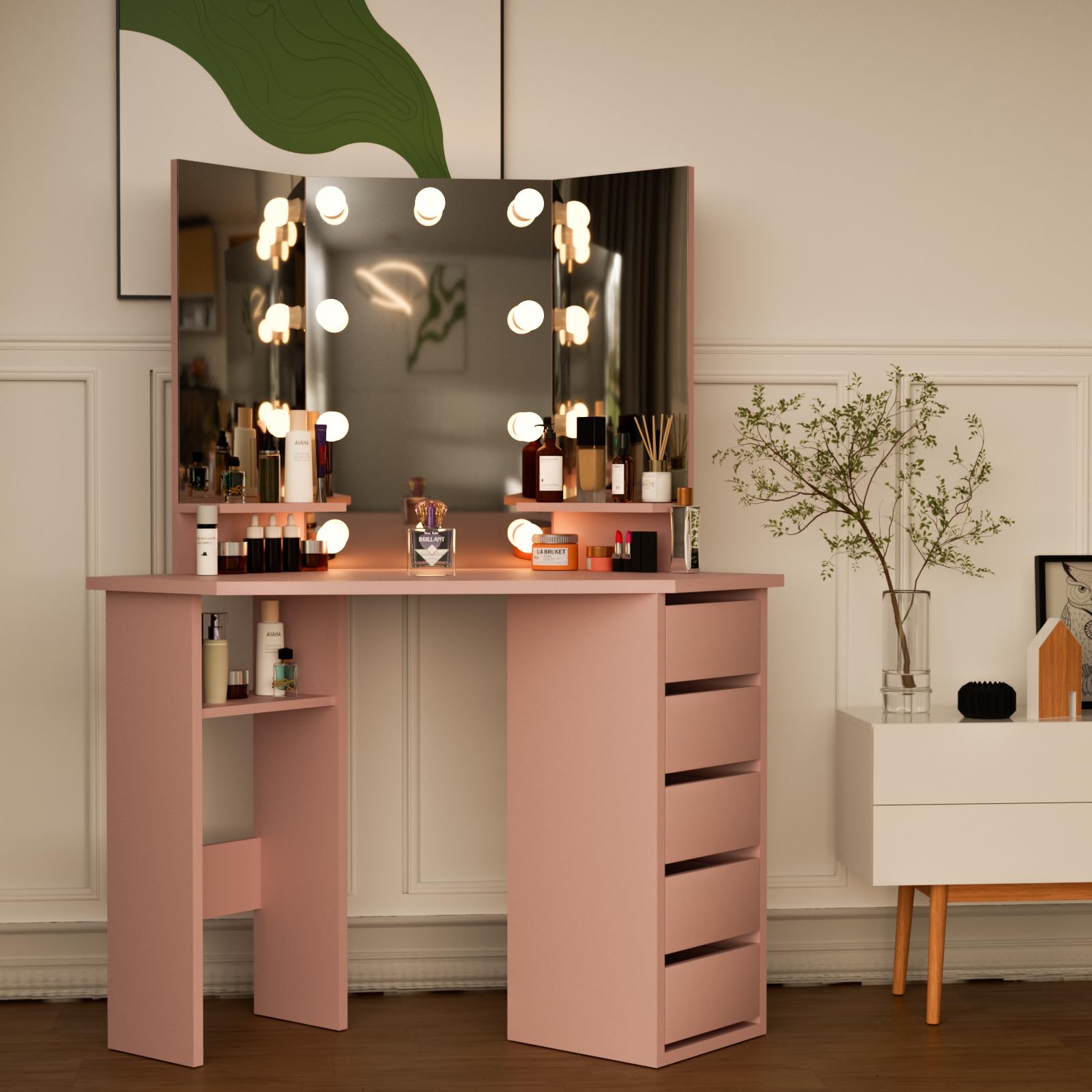 Likein Corner Vanity Desk with Drawers & LED Mirror - Small Pink Makeup Table with Lights for Women & Girls | Perfect for Bedroom, Dorm Room & Apartment Beauty Space