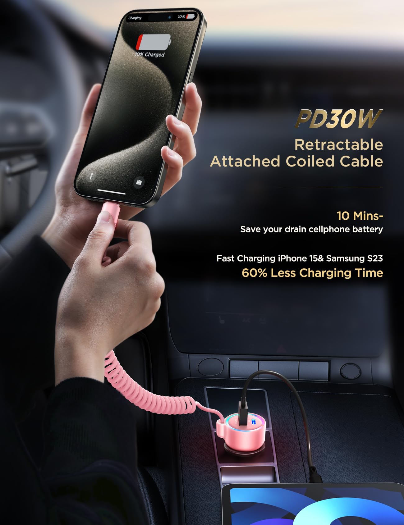 60W USB C Car Charger with PD & QC3.0 Fast Charging - 5ft 30W Type C Coiled Cable Included - Compatible with iPhone 15 Pro Max, Samsung Galaxy S24/S23/S22, Google Pixel, iPad Pro - Perfect for Road Trips & Daily Commutes