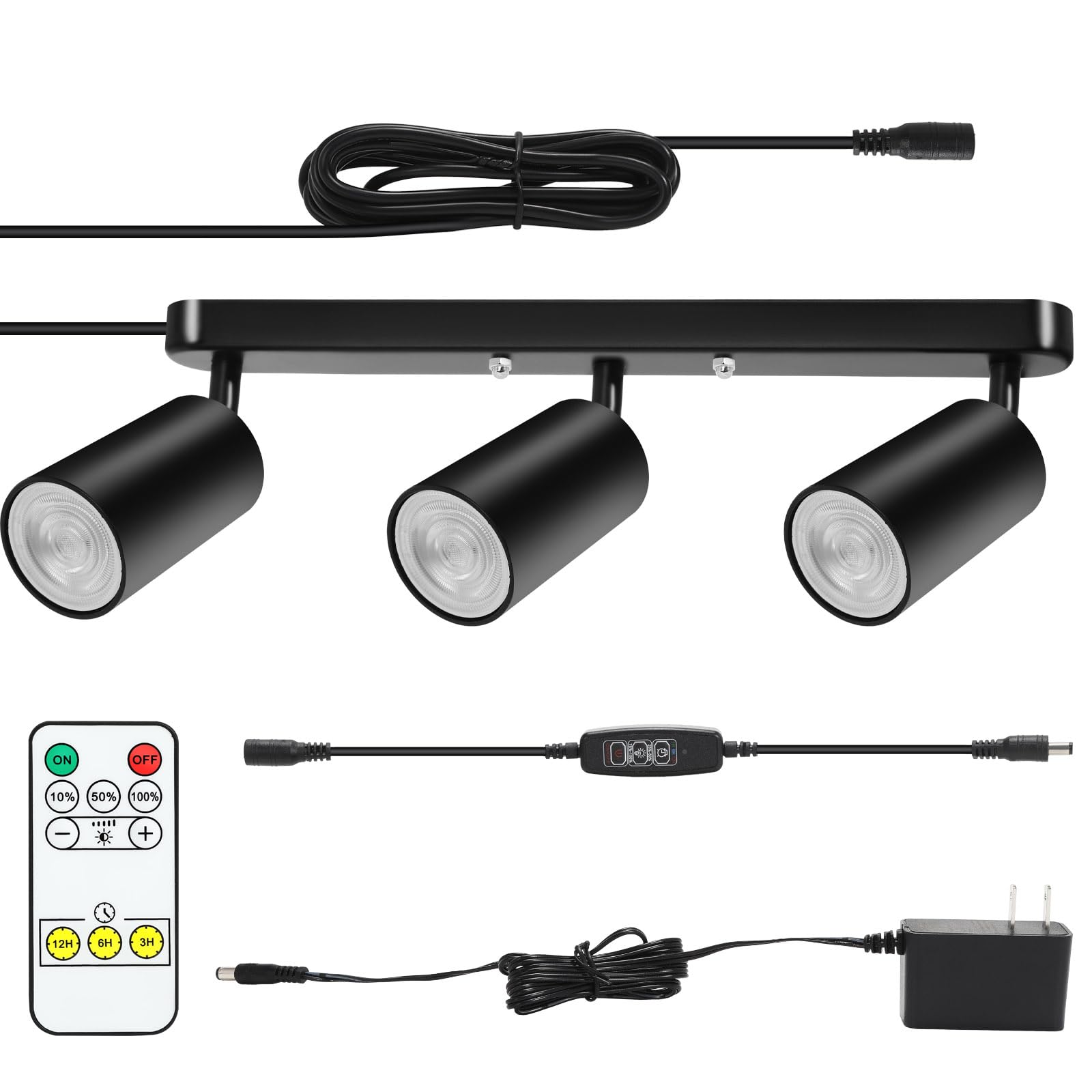 Plug-in Track Lighting Fixture with Power Cord - 15W 3000K Wall Spotlight with 3 Adjustable Heads for Kitchen, Cabinet, Gallery, Bar & Living Room - Flexible Rotatable Ceiling Lights (Black) - Perfect for Accent Lighting and Home Decor