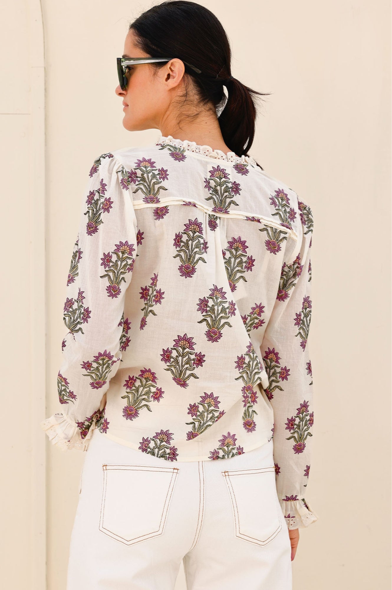 Rosie Organic Cotton Block Print Blouse - Vintage Wildflower Print in Cream, Red & Green | Boho Chic Top for Women | Perfect for Summer Outfits, Beach Vacations & Casual Wear