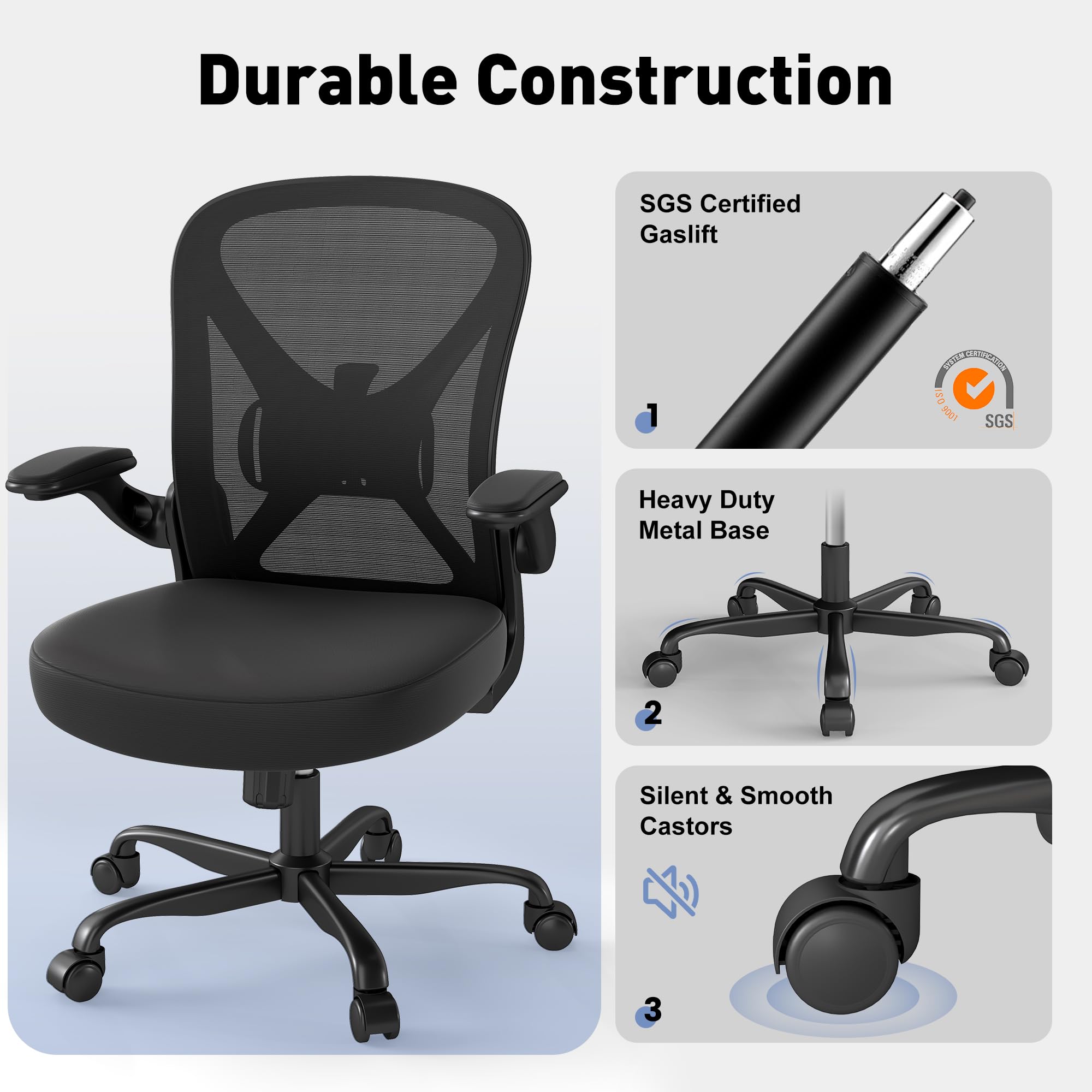 Ergonomic Mesh Office Chair with Adjustable Lumbar Support - Breathable Home Desk Chair with Wheels, Flip-Up Arms & Height Adjustment - Perfect for Home Office, Gaming & Workspace (Black)