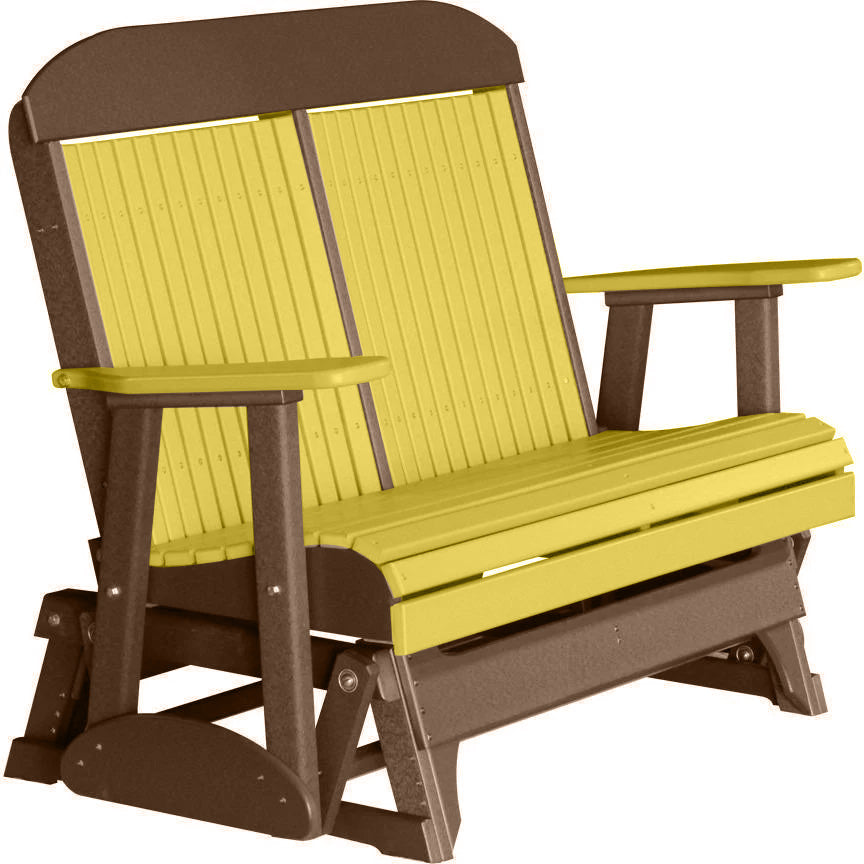 LuxCraft 4FT Yellow Recycled Plastic Highback Outdoor Glider Bench with Cup Holder - Durable Patio Furniture for Garden, Porch & Backyard Relaxation