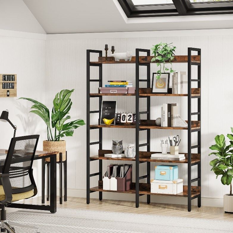 5 Tier Bookshelf - Double Wide Bookcase Storage Shelves Unit for Living Room, Bedroom & Office - Sturdy Bookshelf Organizer for Books, Toys, Decor & More