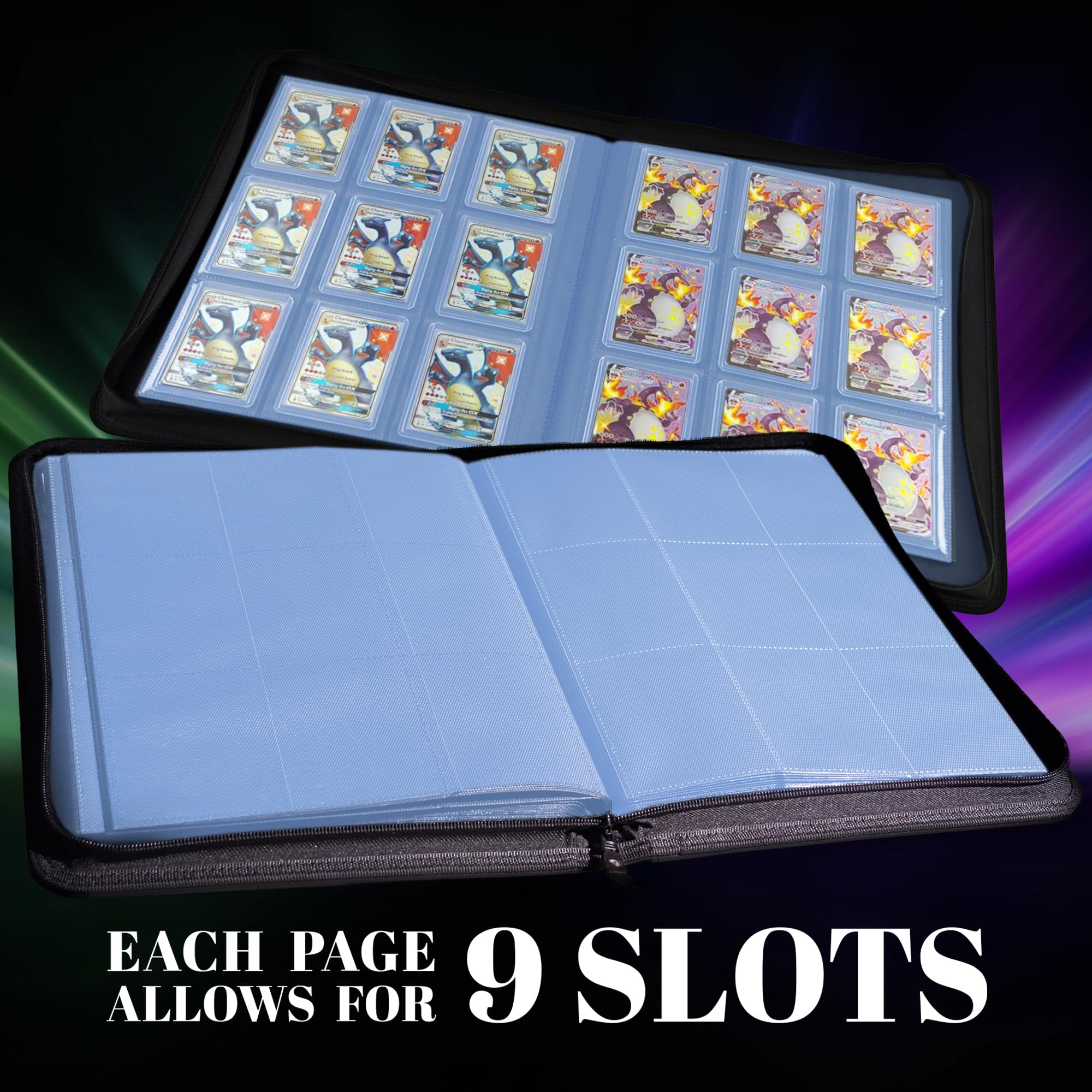 TopDeck 200 TopLoader Binder - 9 Pocket Trading Card Binder Album for Yugioh, Magic the Gathering & Pokemon Cards - Premium TCG Storage with Secure Sleeves - Sports & Collectible Card Holder (Blue) - Perfect for Card Collectors, Tournaments & Displaying Your Valuable Collection