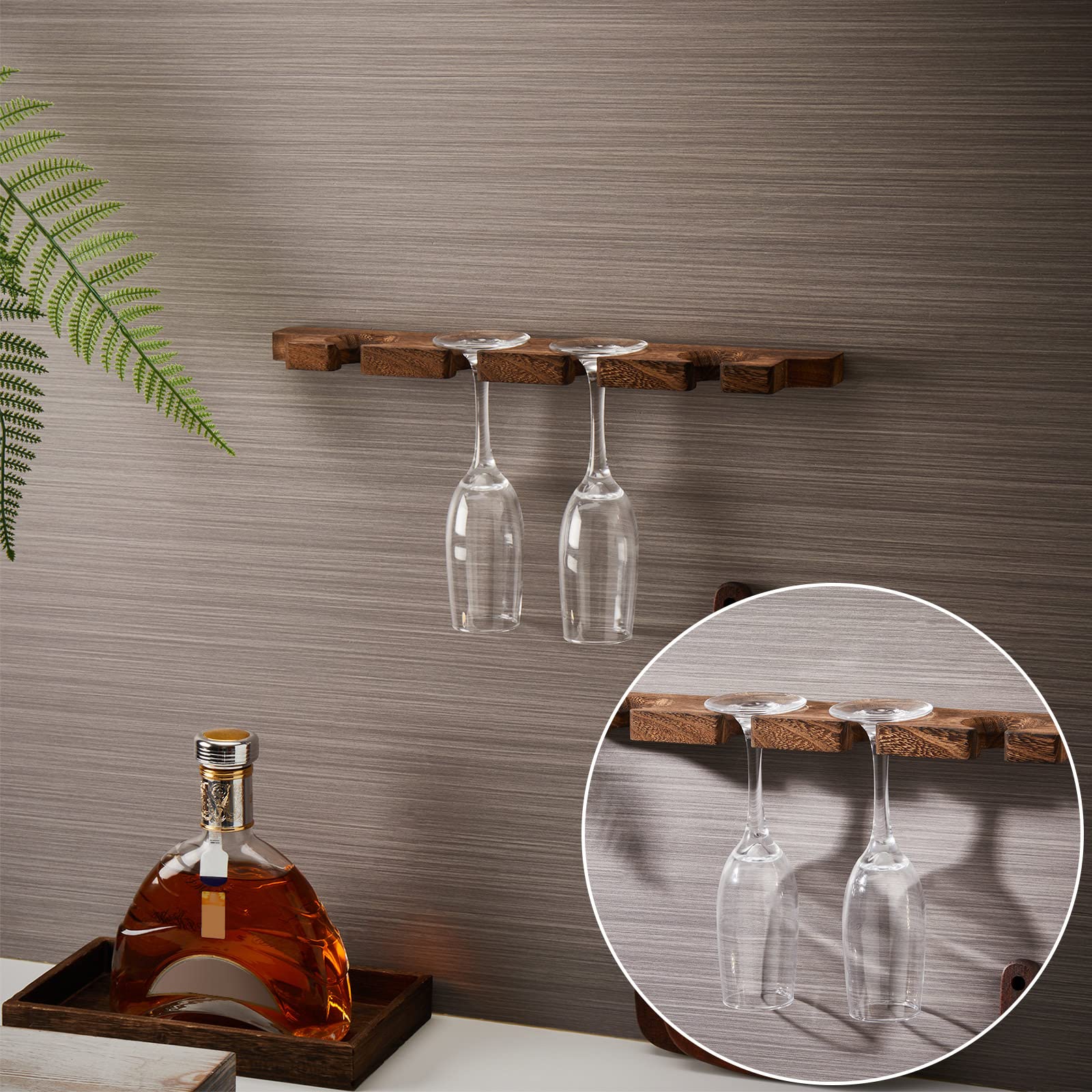 Rustic Wooden Wall Mounted Wine Glass Holder - Stemware Rack & Champagne Glass Organizer for Kitchen, Bar - Floating Shelf for Glassware Storage (8 Pcs, 17 x 3 x 0.8 Inch) - Perfect for Home Decor, Entertaining Guests & Halloween Party Setup