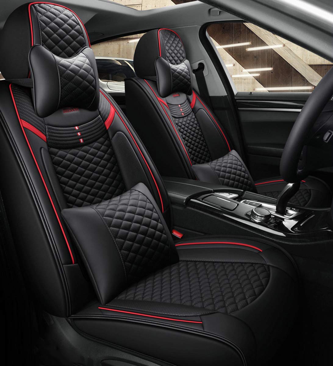 Premium PU Leather Universal Car Seat Covers - 5-Seat Full Set with Airbag Compatibility, Front & Rear Seat Protectors & Backrest Pillows - Perfect for SUVs, Sedans & Trucks - Waterproof & Easy to Clean for Daily Commute, Road Trips & Family Travel