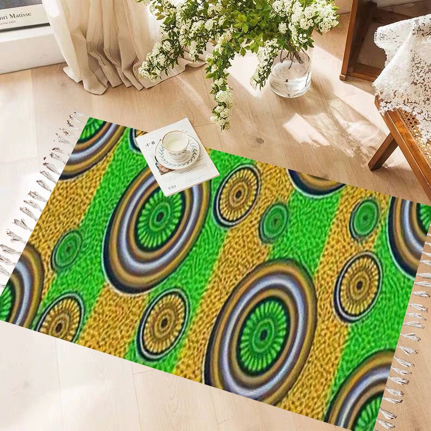Handmade Cotton Linen Boho Rug - Vintage African Circle Pattern Washable Area Rug with Tassels for Living Room, Bedroom, Kitchen & Outdoor Decor | Abstract Woven Runner Mat for Boho Chic Home Style