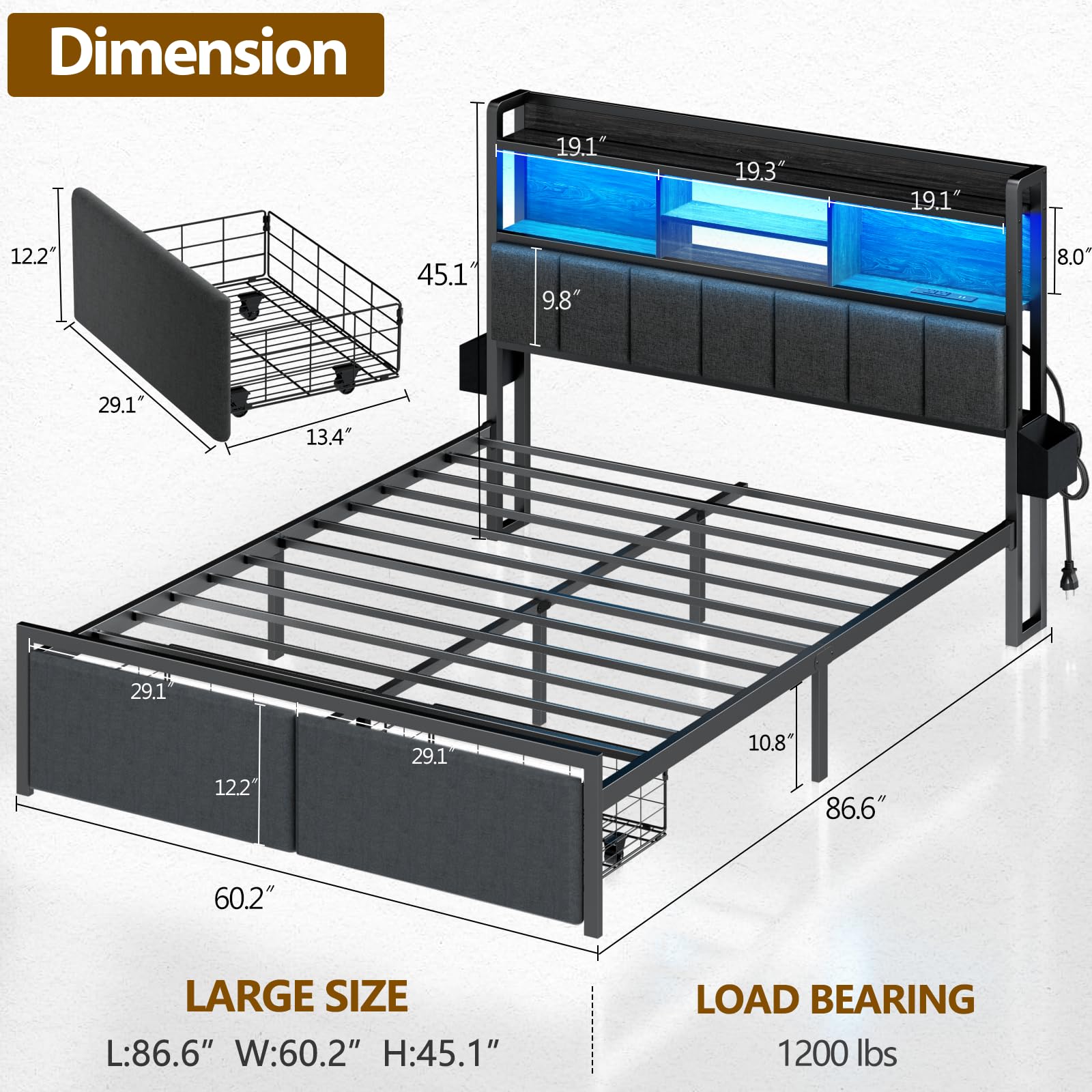 Furnulem Queen Size Bed Frame with Storage Drawers & Upholstered Headboard - LED Lights, USB Charging Station, Noise-Free Metal Platform Bed - No Box Spring Needed (Black) | Perfect for Small Bedrooms, Guest Rooms & Modern Apartments