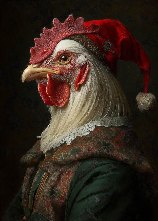 Funny Christmas Chicken Animal Portrait Print - Unique Holiday Wall Art for Home Decor, Farmhouse Kitchen, or Gifts