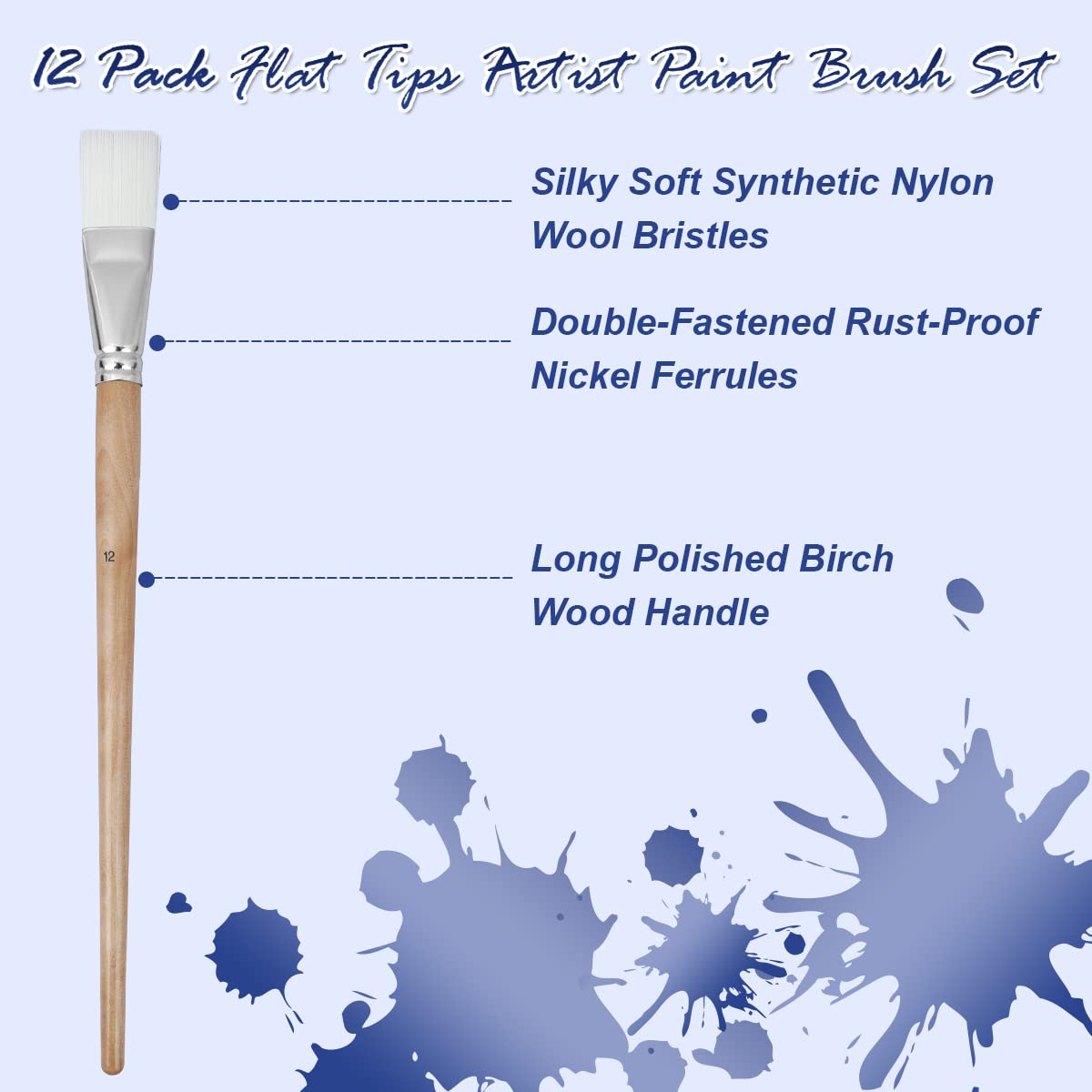 Artkey 12-Pack Professional Flat Tip Paint Brushes Set - Nylon Hair with Long Birchwood Handle for Acrylic, Oil, Watercolor, Gouache & Tempera - Perfect for Canvas Painting, Face Art & Nail Designs - Ideal for Artists, Beginners & DIY Craft Projects