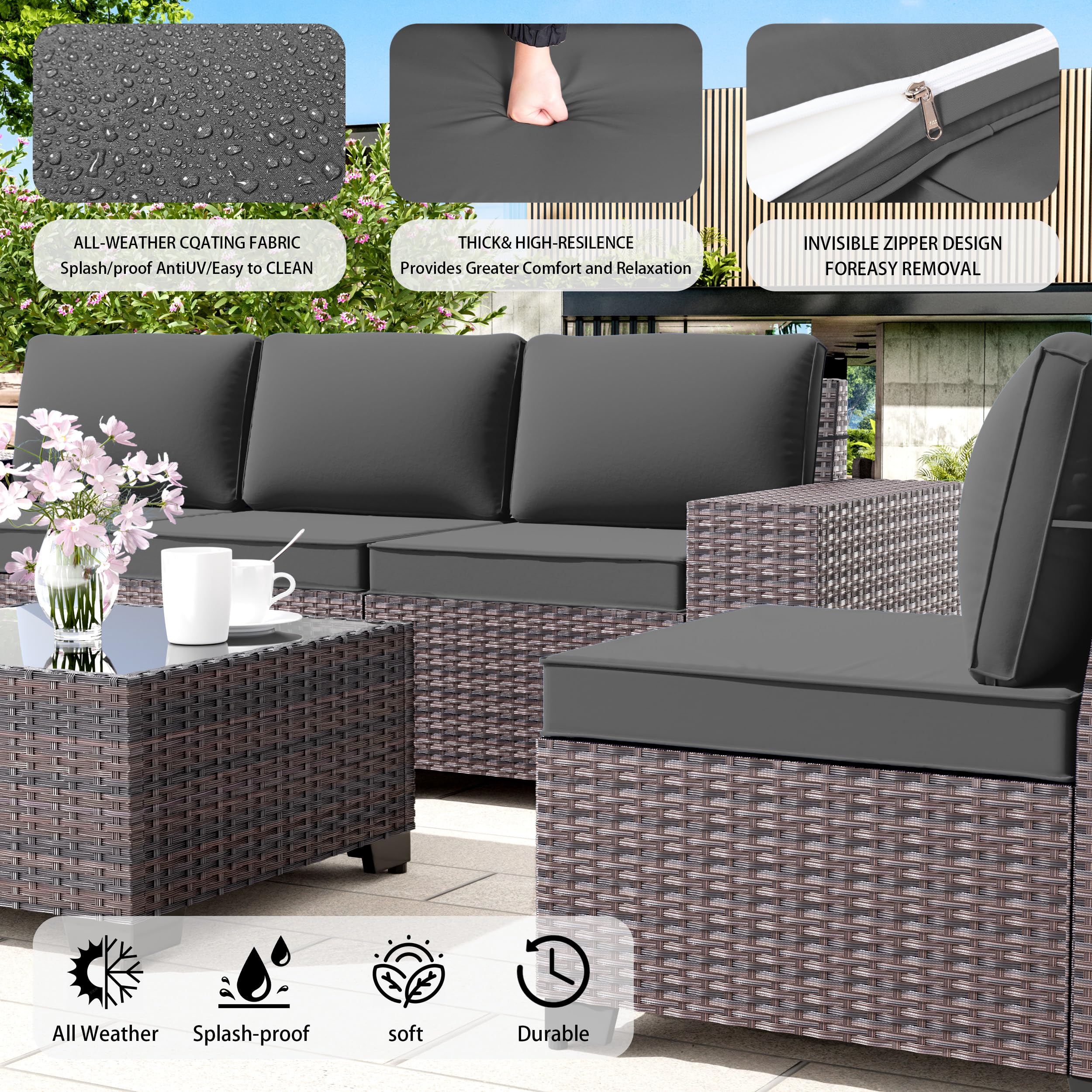 6-Piece Outdoor Patio Furniture Set - All-Weather PE Wicker Modular Sectional Sofa with Coffee Table & 5 Chairs (Grey) - Perfect for Backyard, Garden, Poolside & Deck Relaxation