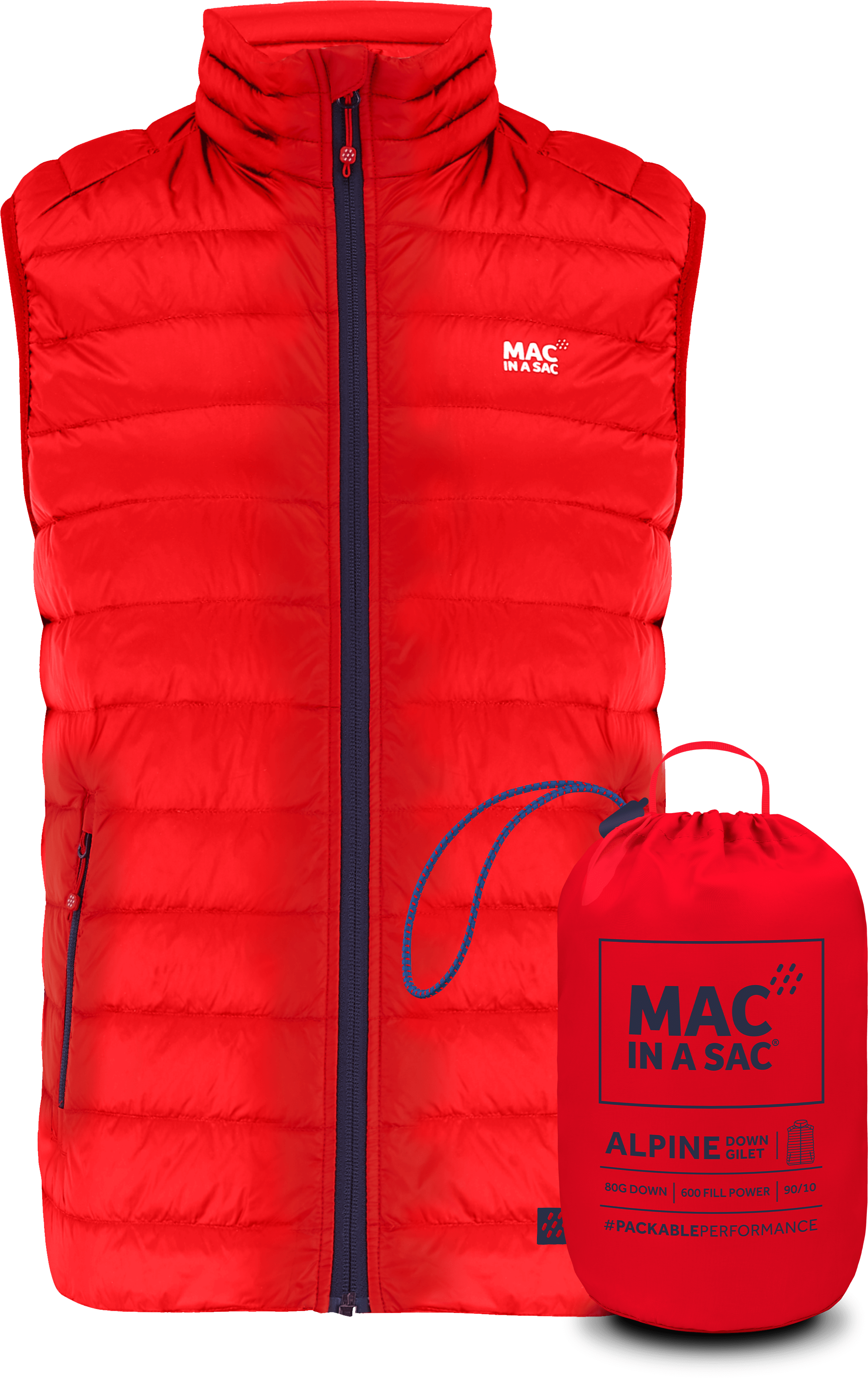 Men's Alpine Down Gilet - Mac In A Sac - Lightweight Warm Vest for Outdoor Activities, Hiking & Travel - Red