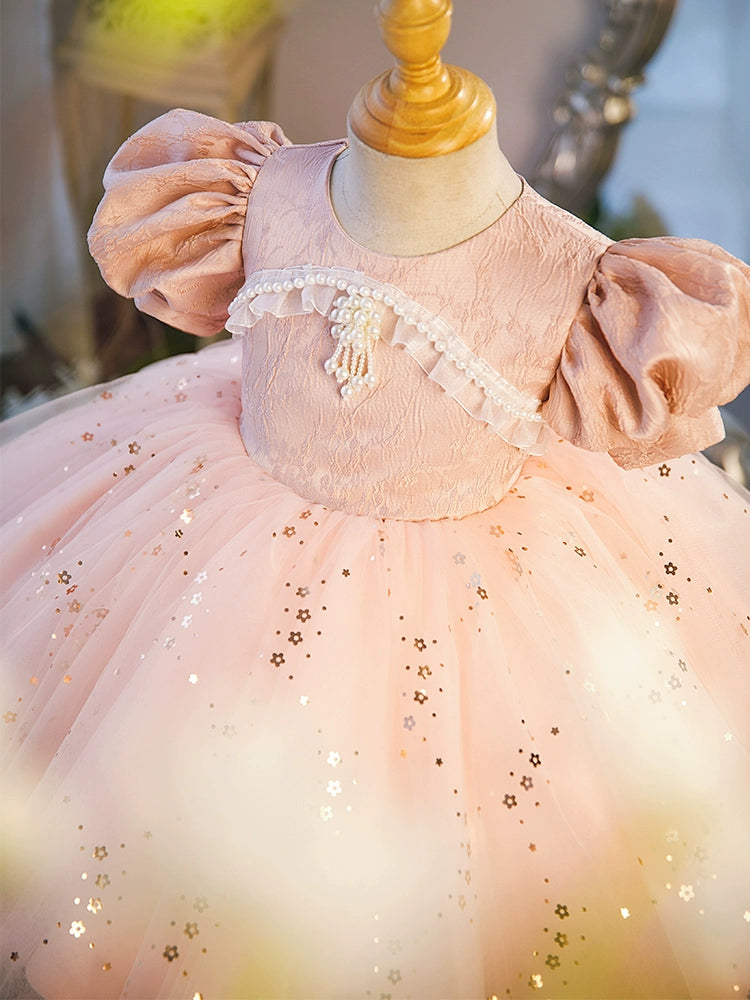 Pink Princess Round Tea Length Satin Flower Girl Dress for Weddings, Flower Girls, and Special Occasions