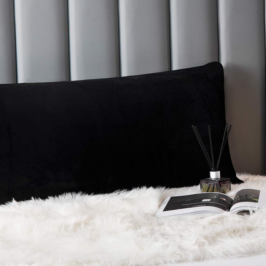 Velvet Body Pillow Cover with Zipper - Soft & Cozy Flannel Pillowcase 20x54 Inches - Black (1-Piece) for Bed, Sofa, Travel & Home Decor