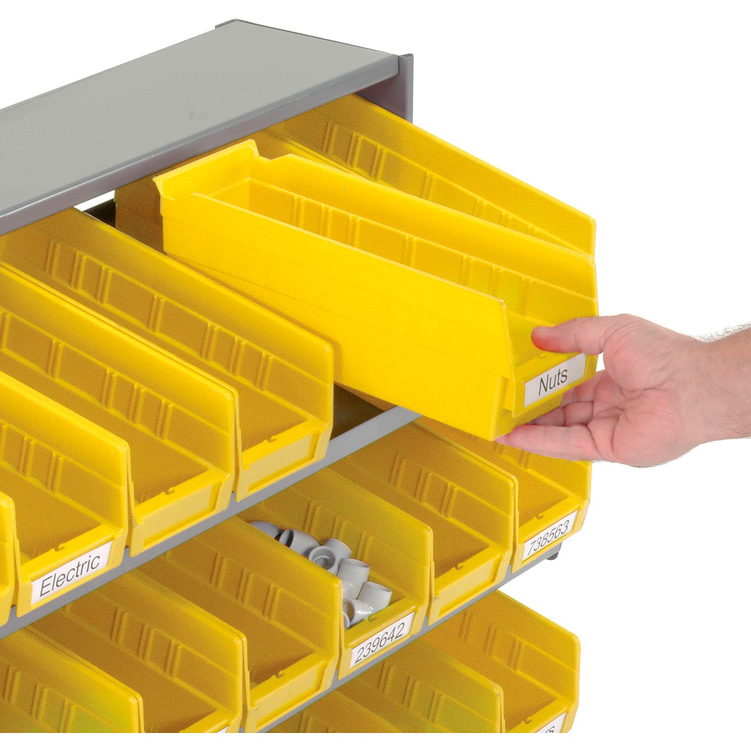 Global Industrial 3-Shelf Utility Bench Rack with 24 Yellow Storage Bins (4