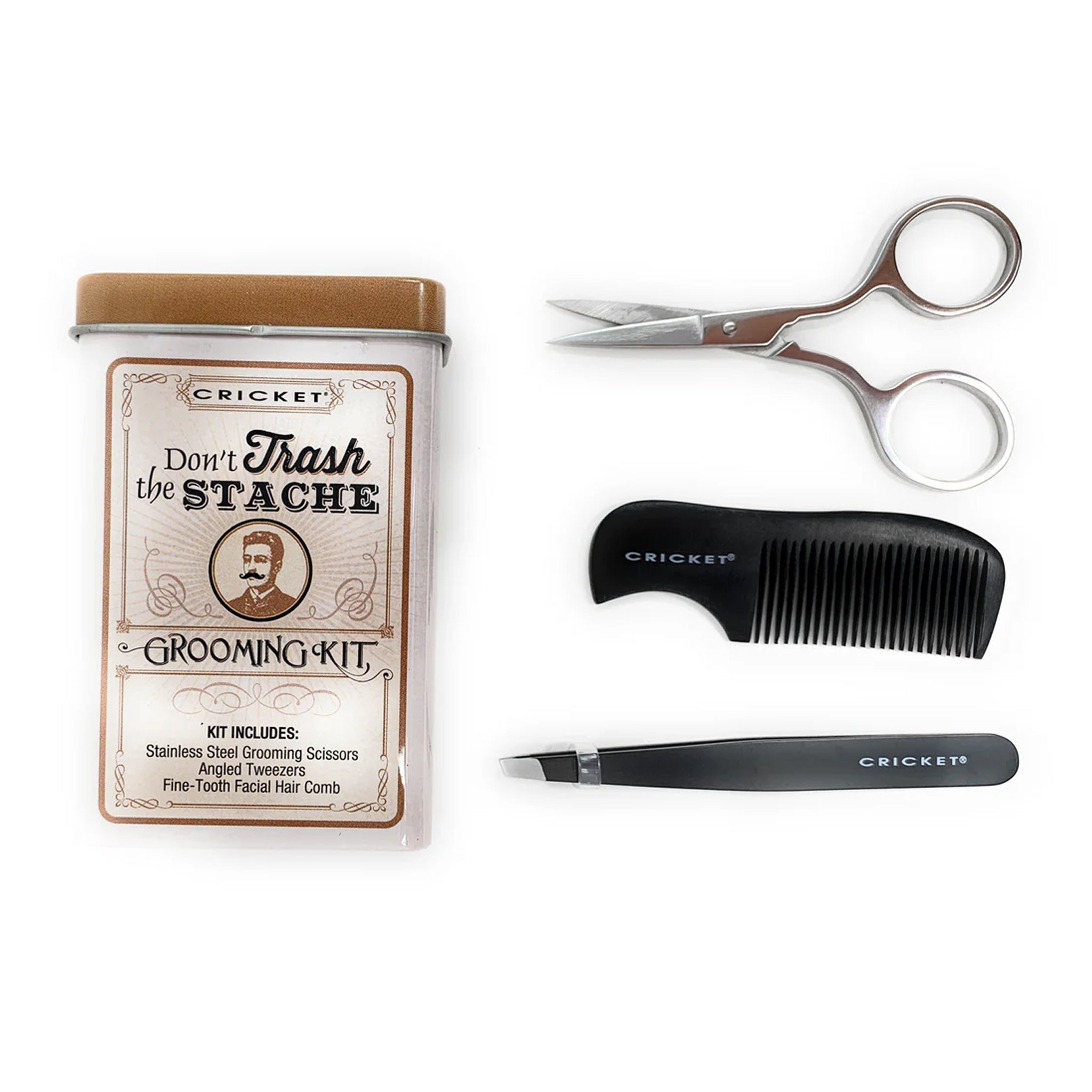 Premium Cricket Don't Trash The Stache Grooming Kit - 3-Piece Set with Grooming Shears, Tweezers & Beard Comb for Men | Perfect for Travel, Home & Gift Giving