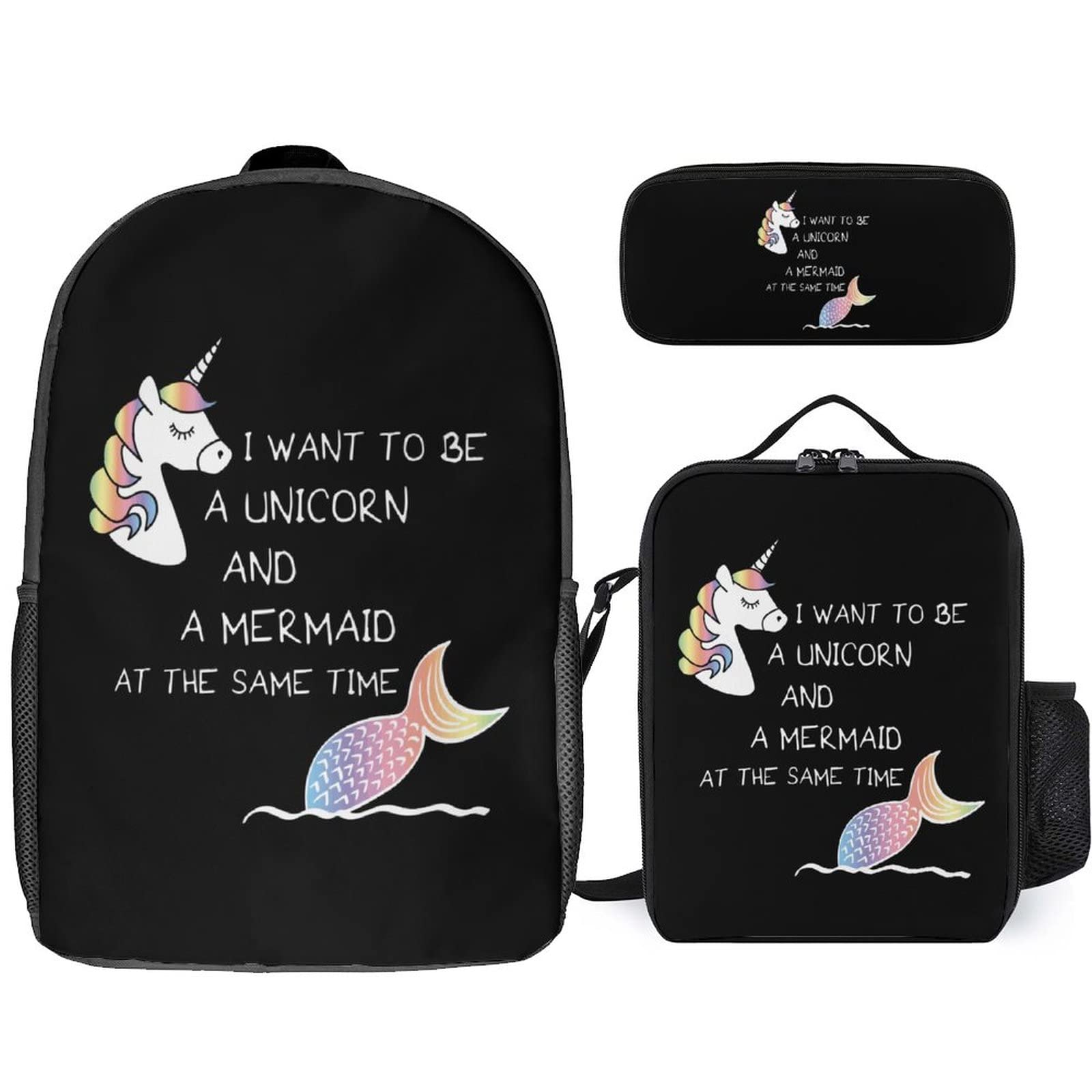 FunnyStar Unicorn & Mermaid 3-Piece Backpack Set with Lunch Bag & Pencil Case for School, Work - Perfect for Women, Men, Boys & Girls - One Size (BBSJTZ02354178A) - Ideal for School Supplies, Office Essentials & Daily Commute